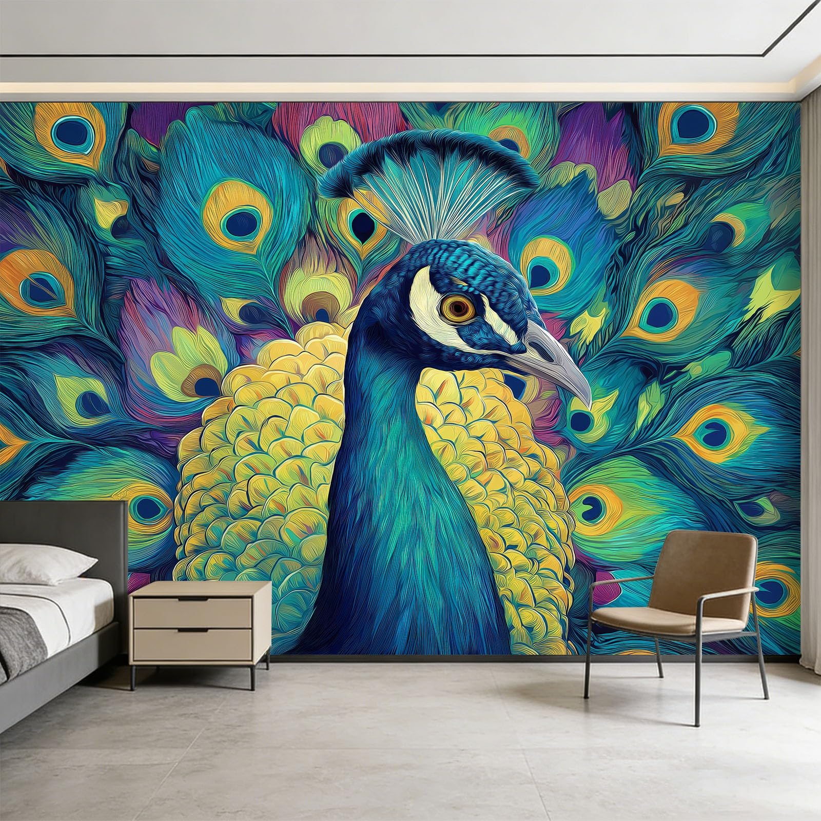 Fototapeta ze zwierzęciem paw 350 x 256 cm panoramiczna tapeta, obraz olejny z włókniny panoramiczny mural do pokoju dziewczynki chłopiec sypialnia salon dekoracja sypialni