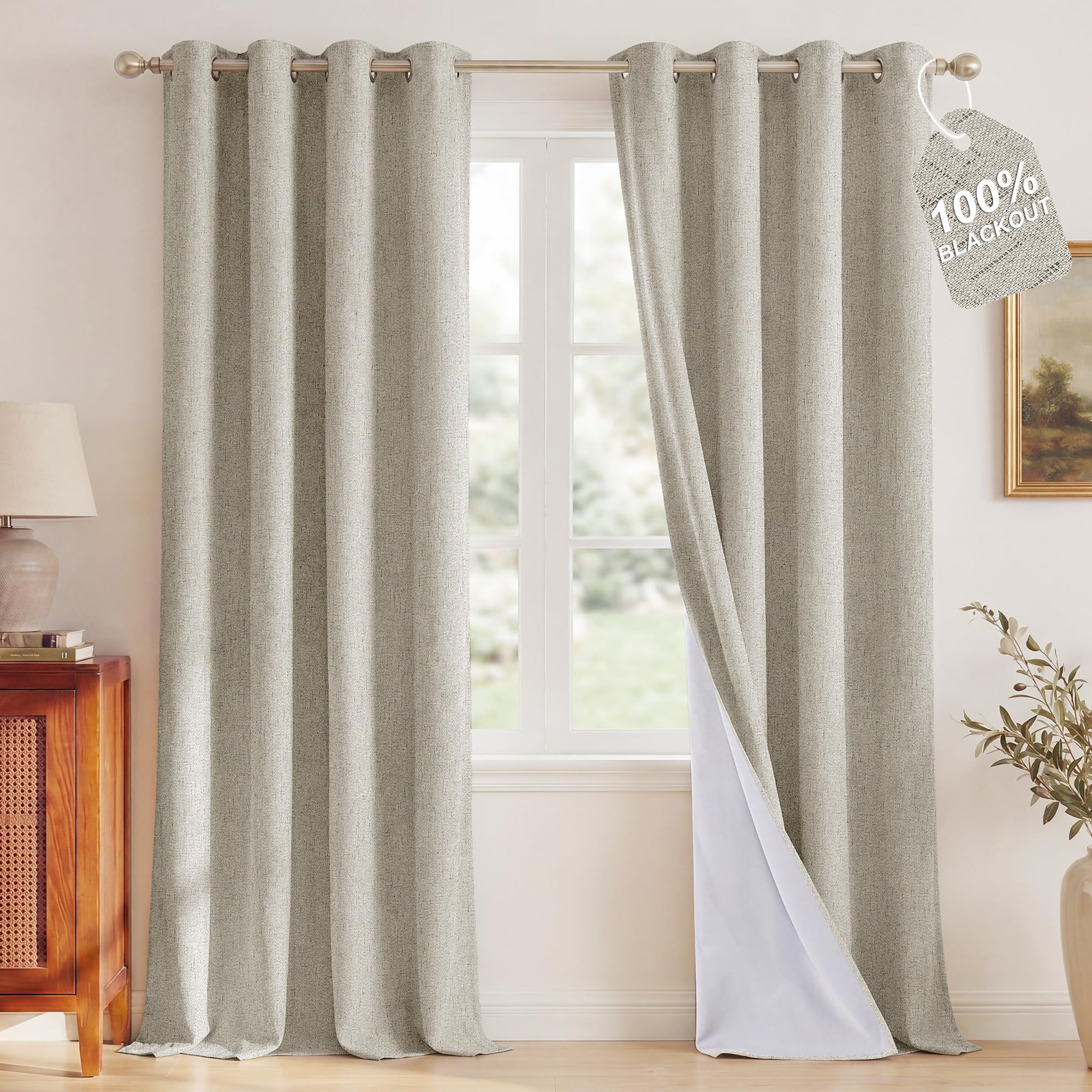 NICETOWN 100% Blackout Linen Beige Curtains 96 inches Long, 52" W, 2 Panels