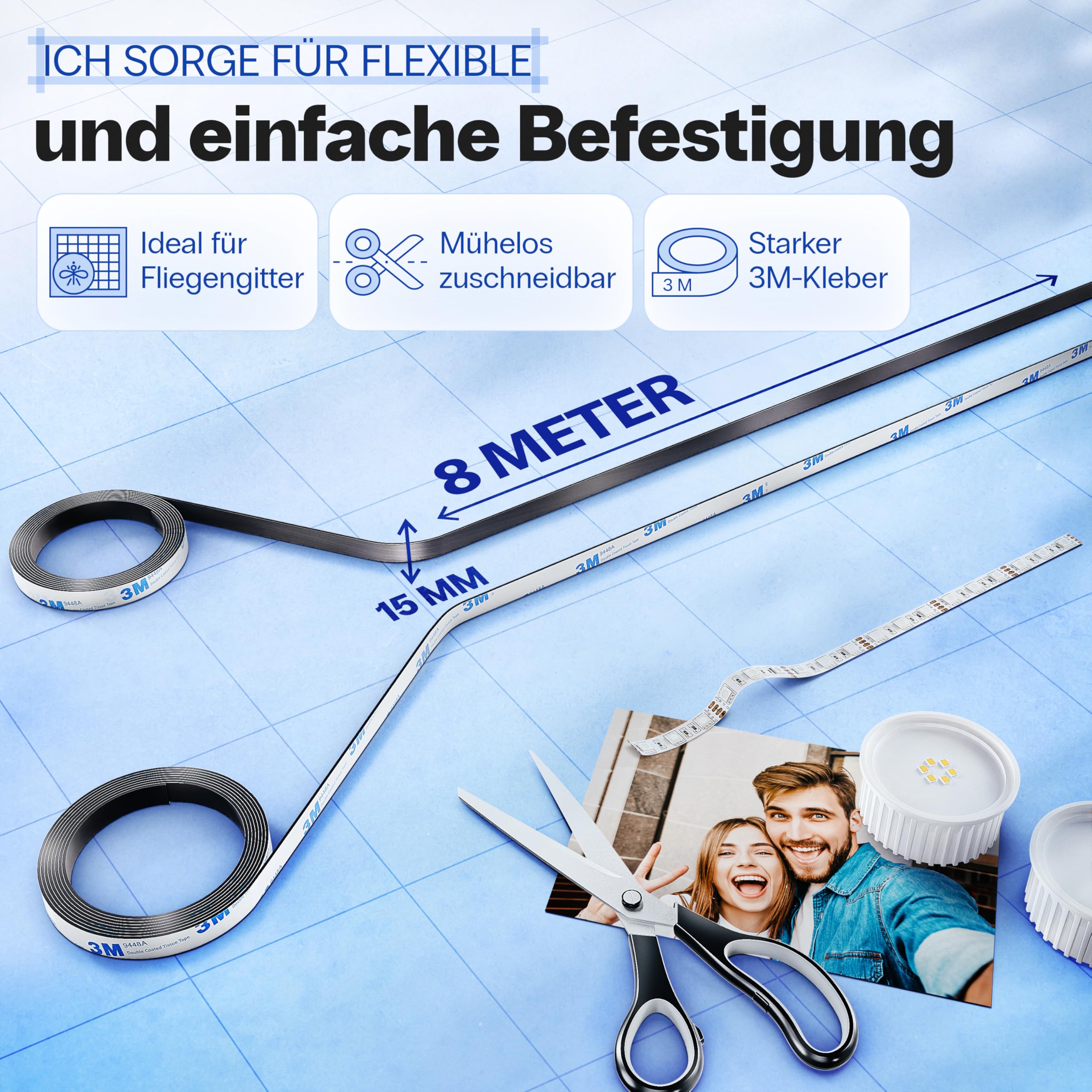 YOURGANIZE Bande magnétique autocollante A et B - 8 m (2 pièces) - Aimants pour moustiquaire et objets légers - Aimants avec contre-pièce (8 m + 8 m)