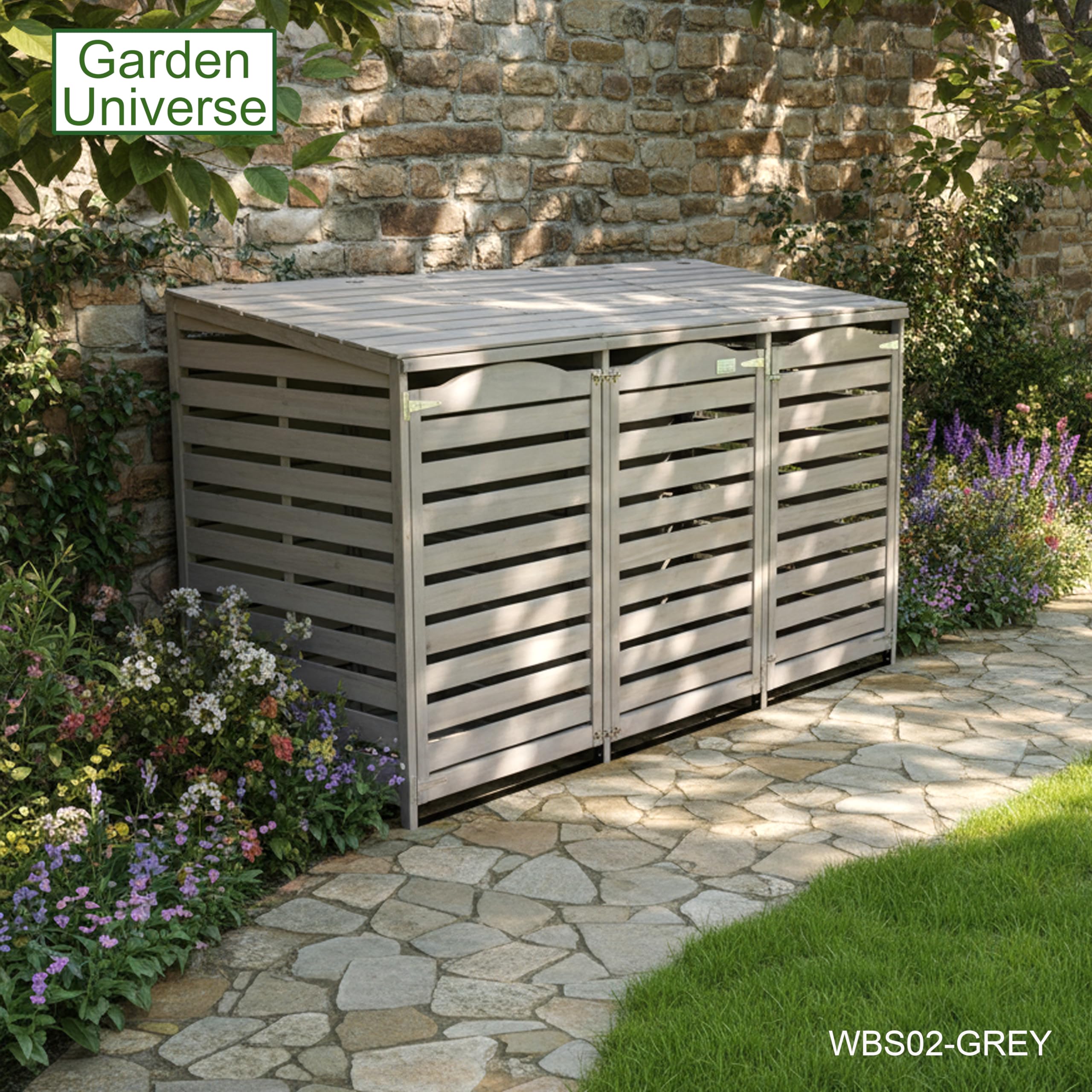 Wheelie Bin Storage Unit Triple Three Bins Garden Universe Outdoor 3 Wheelie Bin Storage In Grey WBS02-GREY — view 6