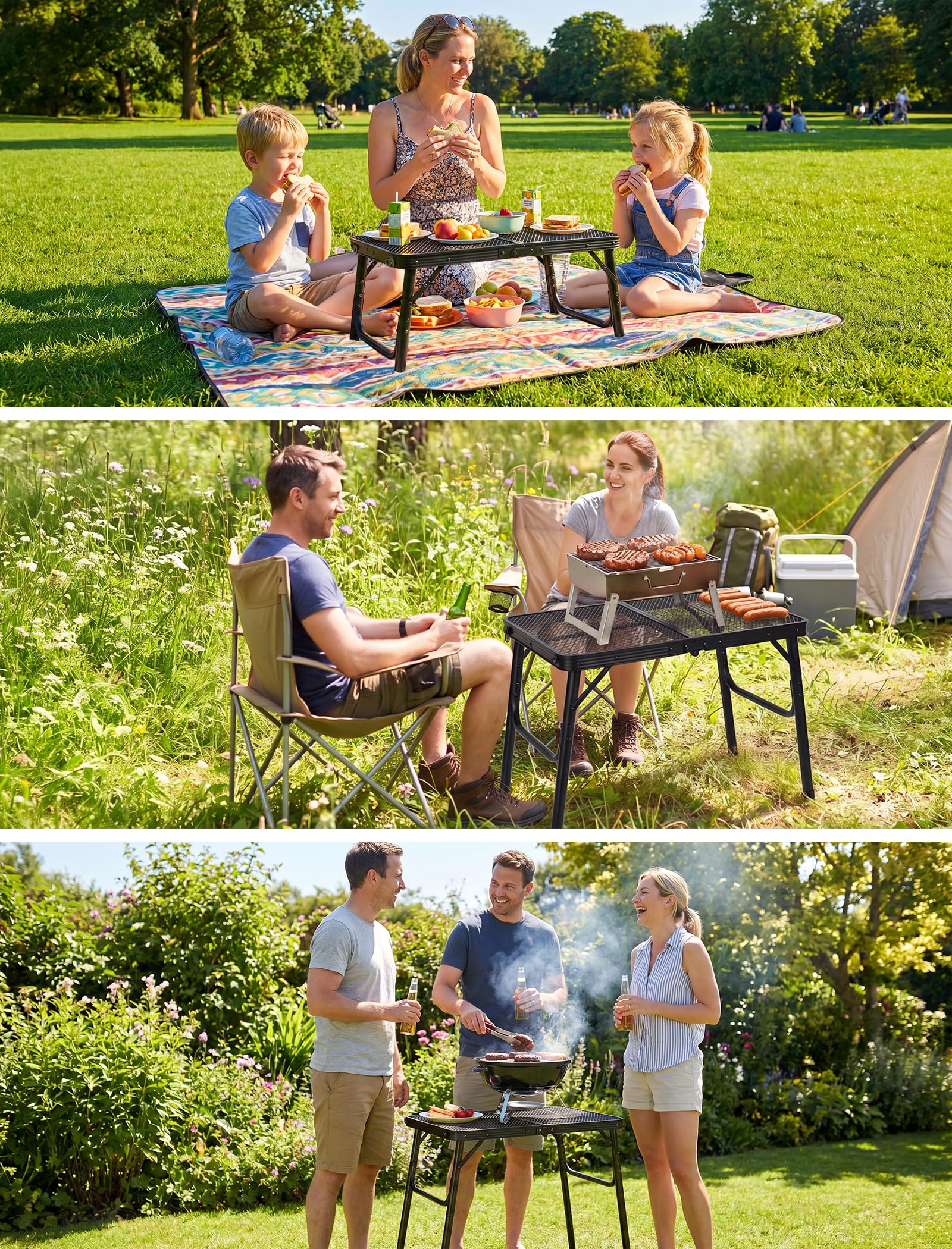 Campingtisch klappbar 60 x 40 cm, Grilltisch klappbar höhenverstellbar 26/47/65 cm, leichter Metalltisch 2,4 kg mit Gitterplatte, Camping Tisch bis 30 kg für BBQ, Picknick, Garten, Balkon