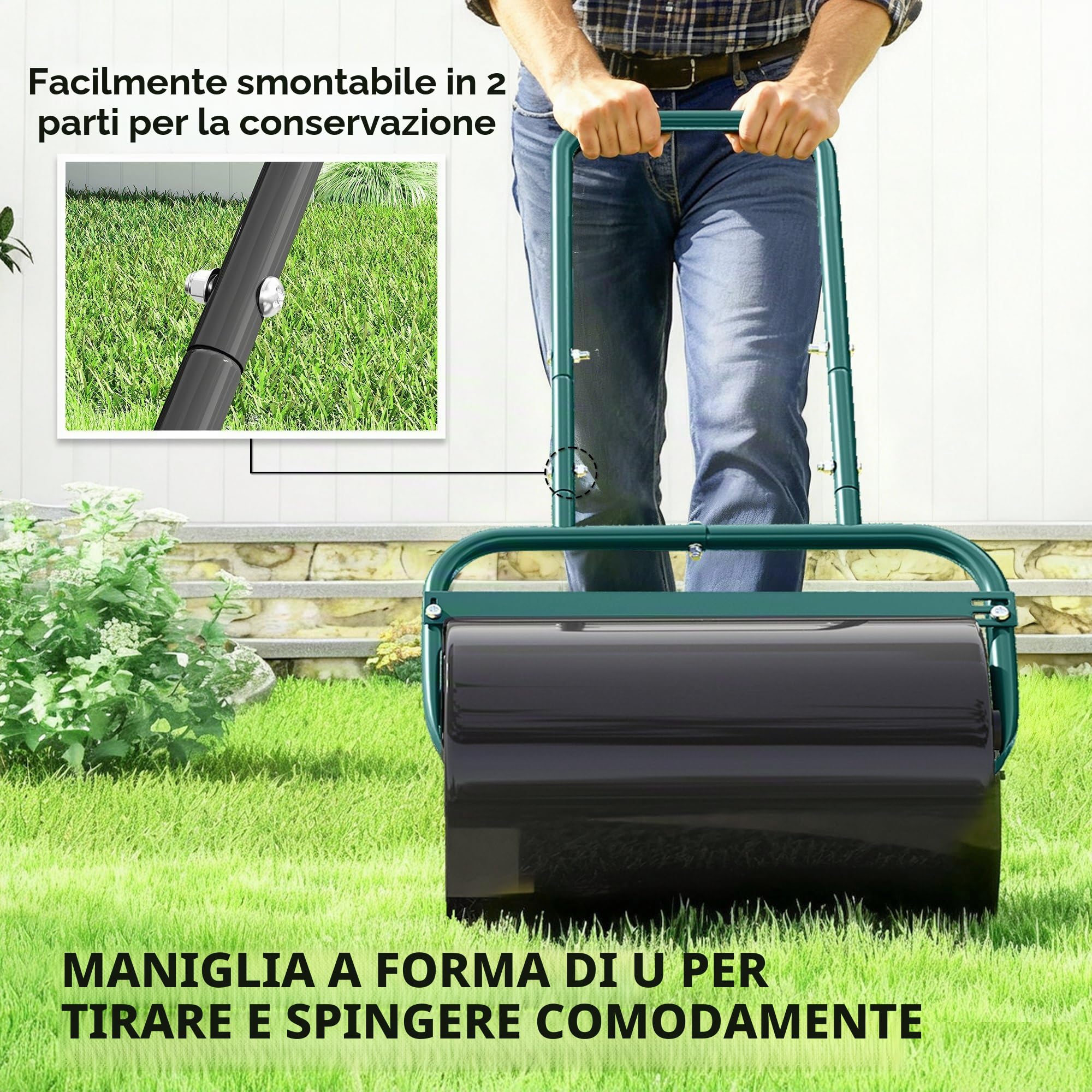 Outsunny Rullo per prato Rullo da giardino riempibile con acqua o sabbia, larghezza 50 cm manuale con impugnatura a U, capacità 38 litri, per prato in acciaio, agricolo per giardino