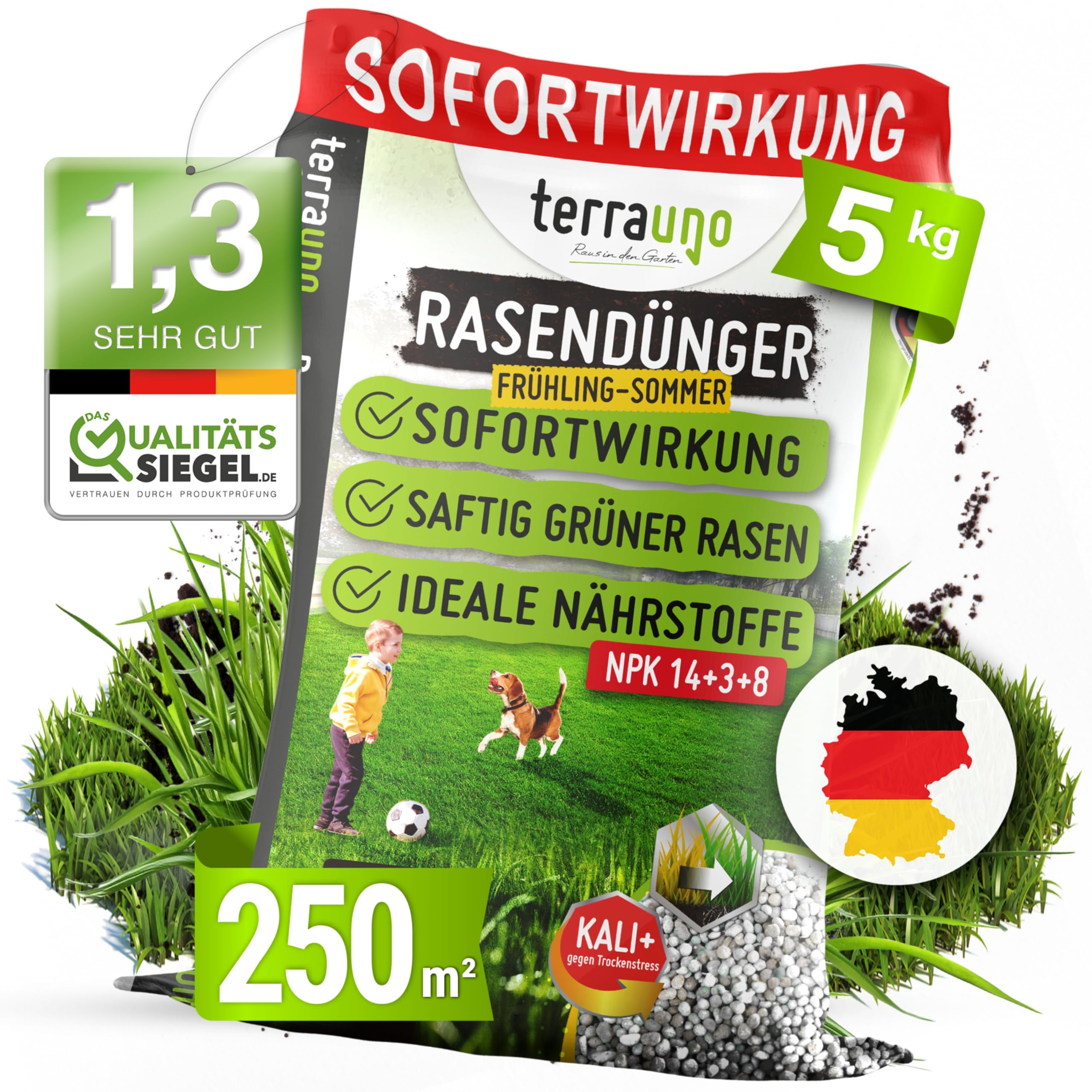 TerraUno Rasendünger Frühjahr/Sommer I Sofortwirkung für saftiges grün I 5 kg für 250 m² I gesunder Rasen verdrängt Moos und Unkraut I NPK Dünger Rasen I Gegen Trockenstress I Für den Streuwagen