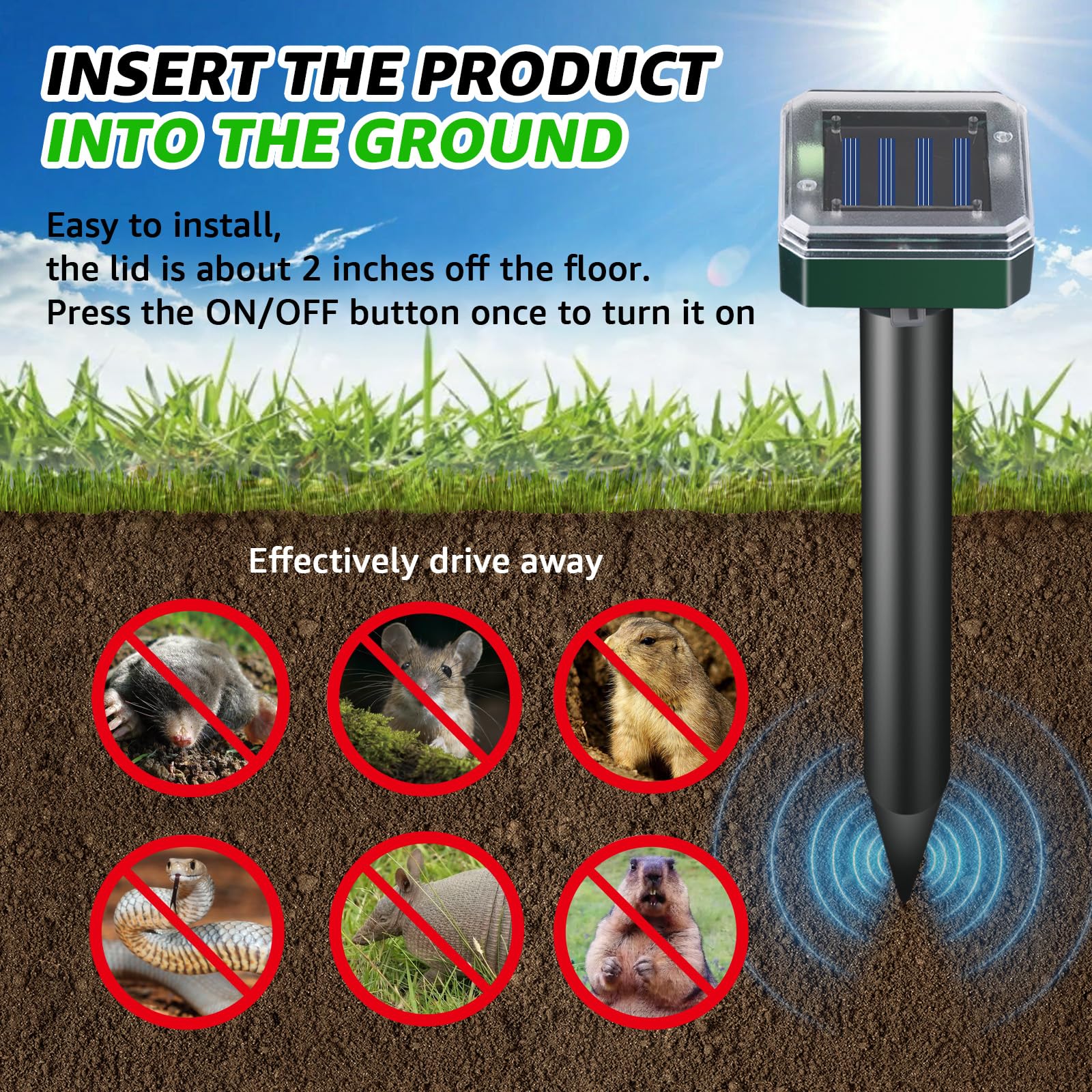 Répulsif à taupes à énergie solaire étanche pour extérieur - Répulsif solaire à ultrasons pour taupes, campagnols, rats, écureuils, mouffettes, jardin, cour, pelouse, lutte contre les parasites