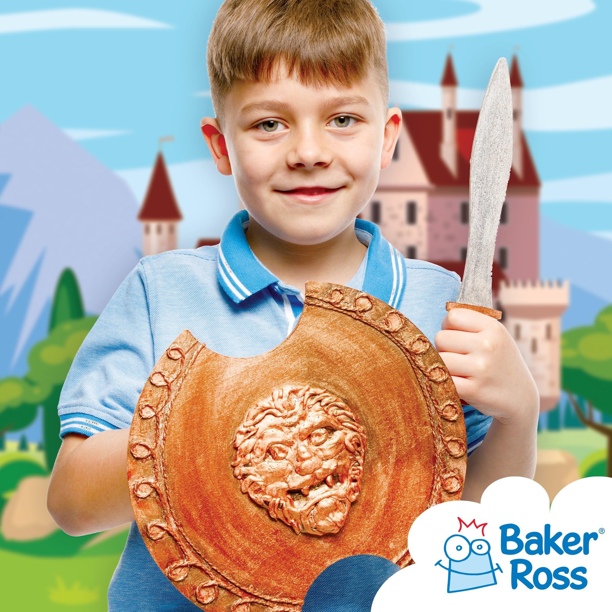 Baker Ross FE458 Gladiator drewniane miecze i tarcze - zestaw 2 sztuk, drewniany miecz i tarcza do dekoracji, pomaluj własne zestawy dla dzieci, wyszukany zestaw dla dzieci