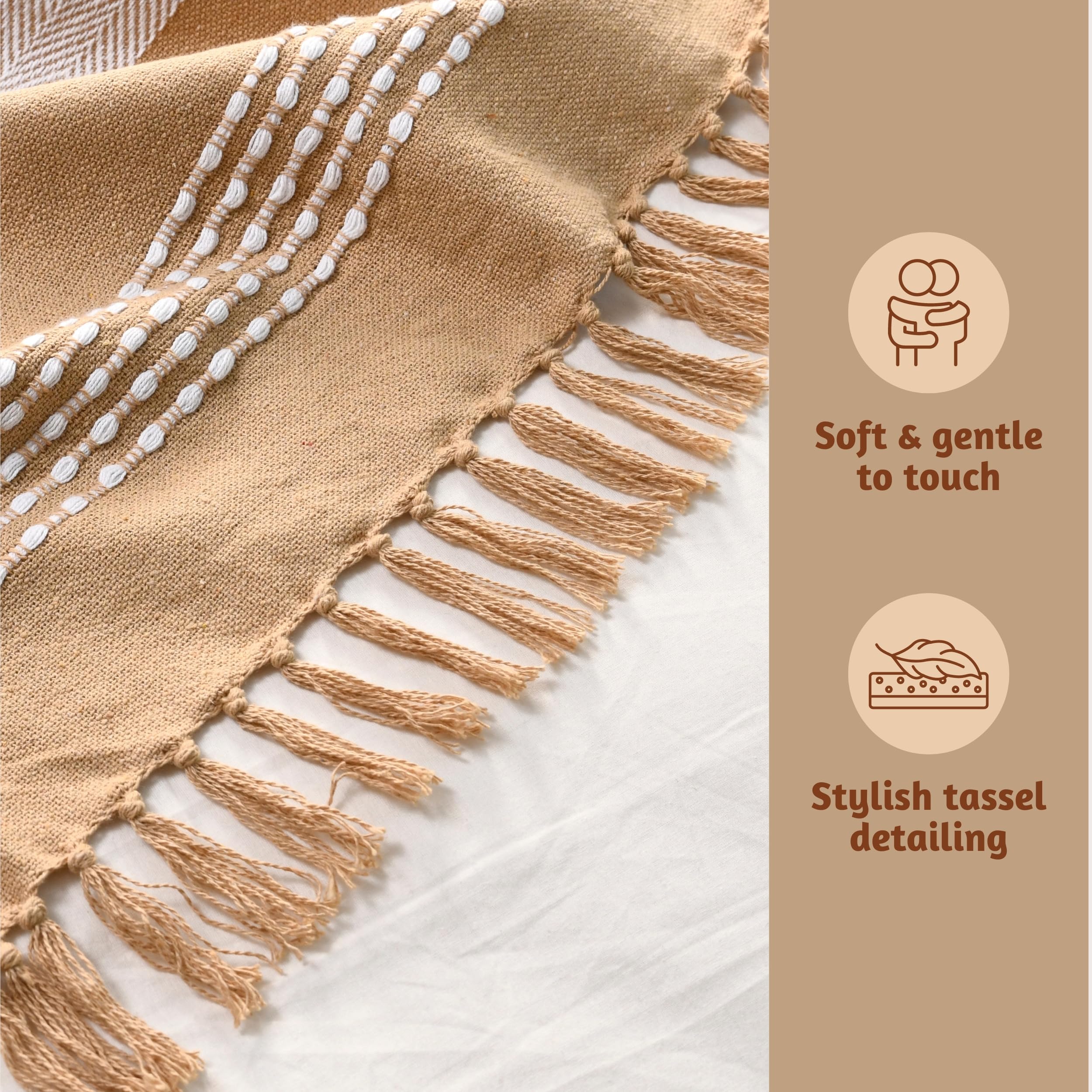 Chanasya Premium getextureerde gebreide deken met kwastjes - zachte, gezellige deken voor bank, bed, woonkamer - 127 x 165 cm - roest