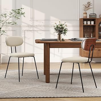 LSSPAID Dining Chairs Set of 2, Linen Fabric Upholstered Dining Room Chairs with Walnut Bentwood Back, Mid-Century Modern Kitchen Chairs with Adjustable Feet Pads, Beige