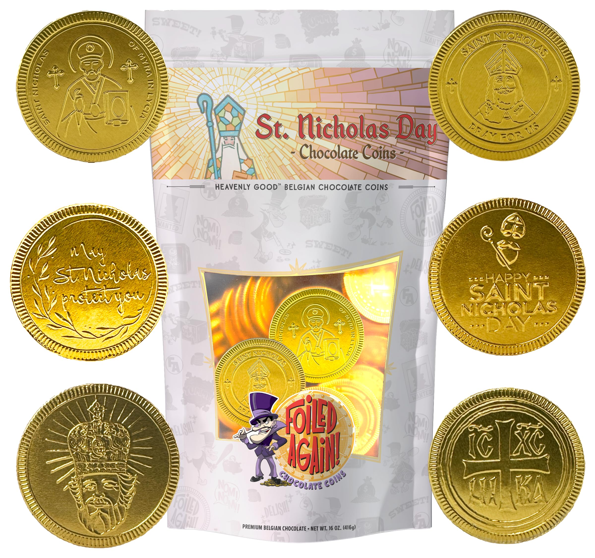 Foiled Again! Chocolate St. Nicholas Day Coins - Belgian Milk Chocolate Coins - Bright Colorful Foils - Beautiful Feast of St. Nicholas Designs - Sealed, Resealable Bag - 1 pound
