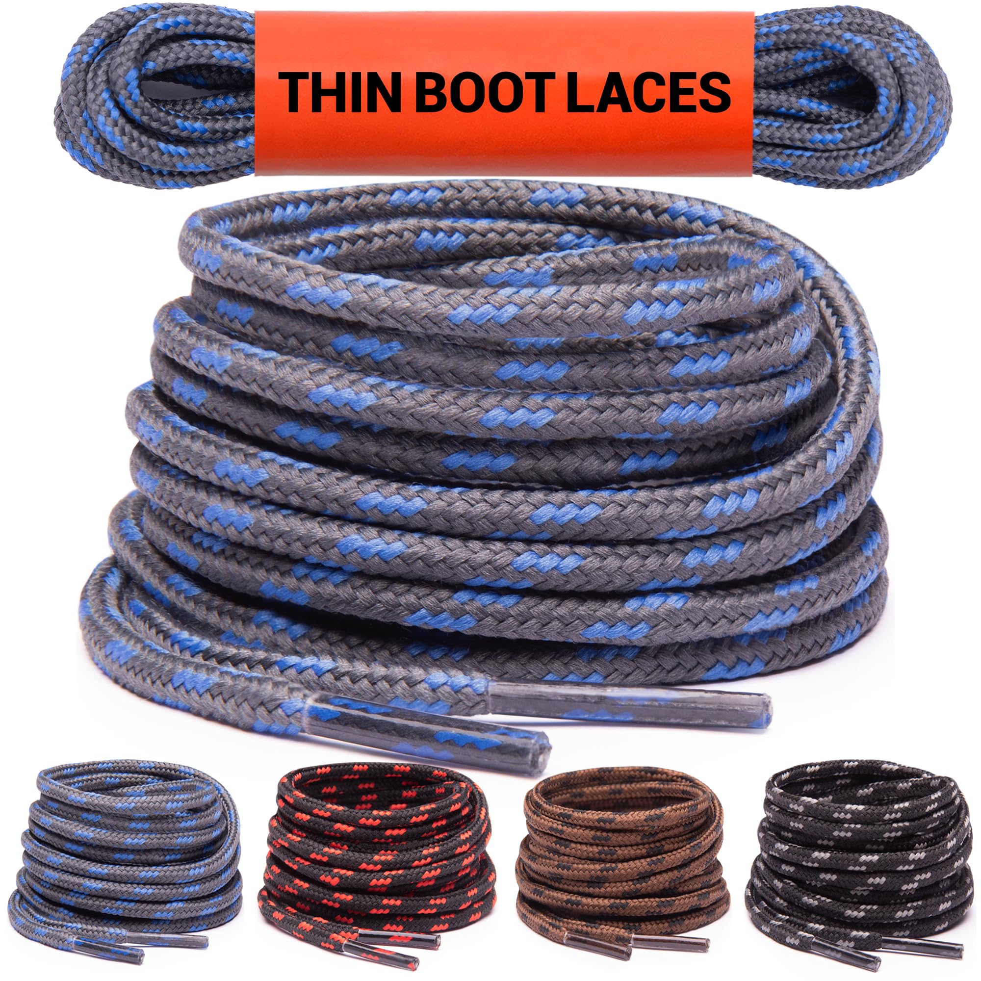 Miscly Thin Round Boot Laces for Work Boots & Hiking Shoes [1 Pair] Heavy Duty Shoelaces, 1/8″ Diameter
