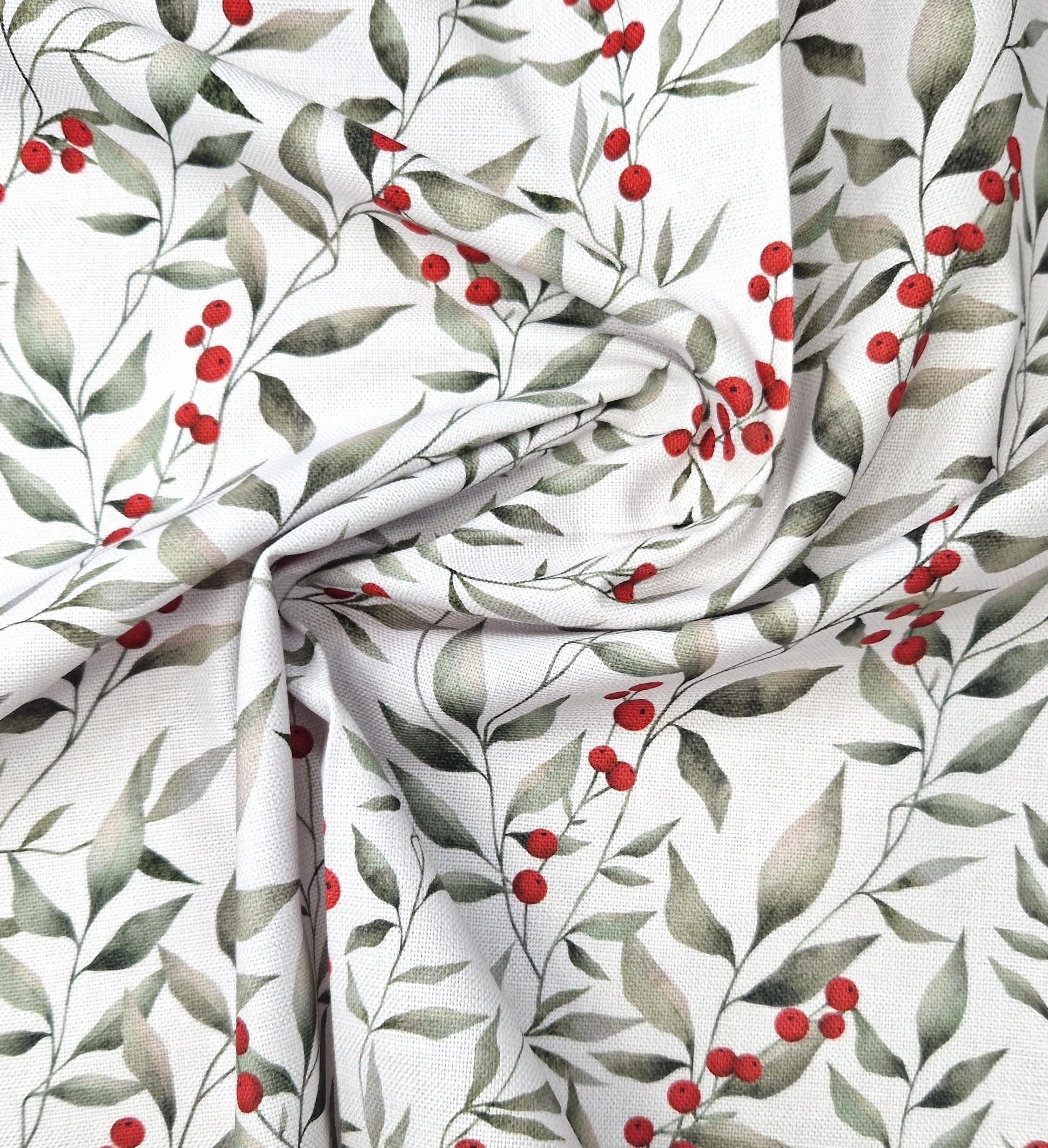 Oddies Ivory Green Red Christmas Cotton Fabric - Red Berries & Leaf Print On Ivory- Craft Clothing Xmas Fabric Material Metre