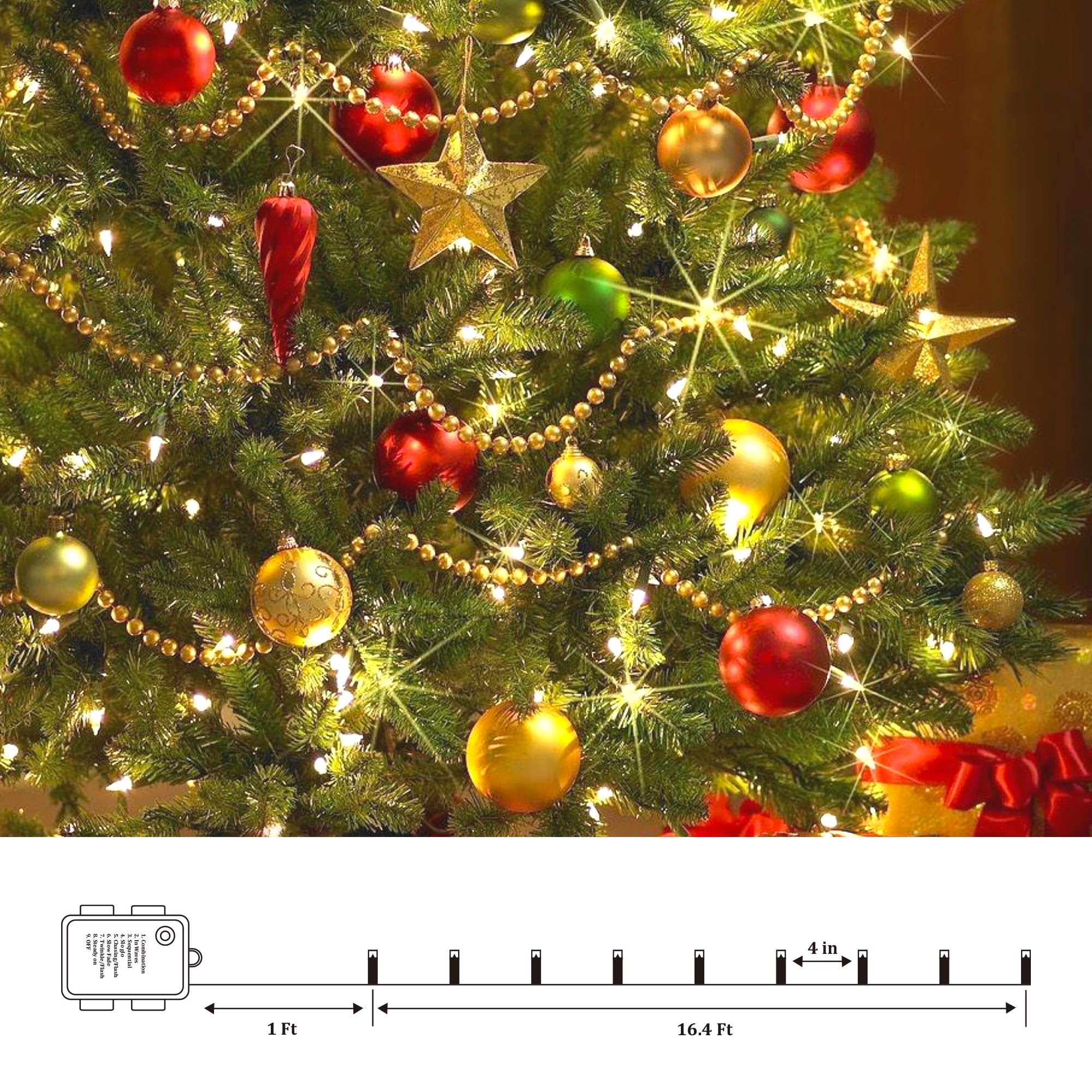 Batteriebetriebene Weihnachtslichter – 4 Stück, insgesamt 20 m, 200 LEDs, warmweiße Weihnachtslichter mit Timer, 8 Modi, wasserdicht, funkelnde Lichter für drinnen und draußen, Weihnachtsbaumkranz