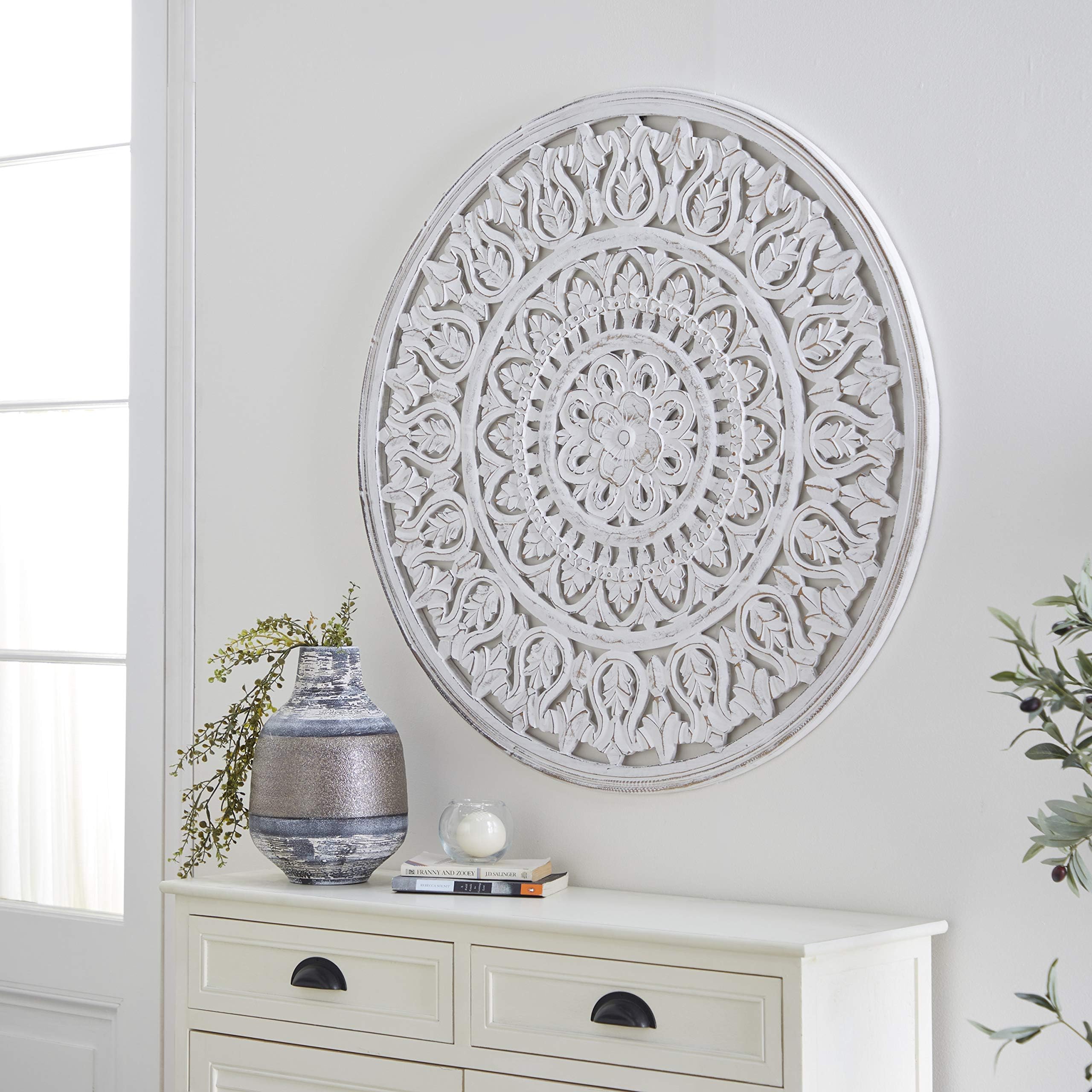 Deco 79 Wood Floral Handmade Intricately Carved Round Mandala Wall Decor, 36" x 1" x 36", White