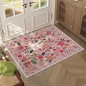 Door Mat Indoor Entrance 2x3 Rug Machine Washable Boho Floral Small Area Rug Non-Slip Low Pile Throw Rugs for Entryway, Kitchen, Front Door Indoor Entrance, Entry, Kids Room (Pink)