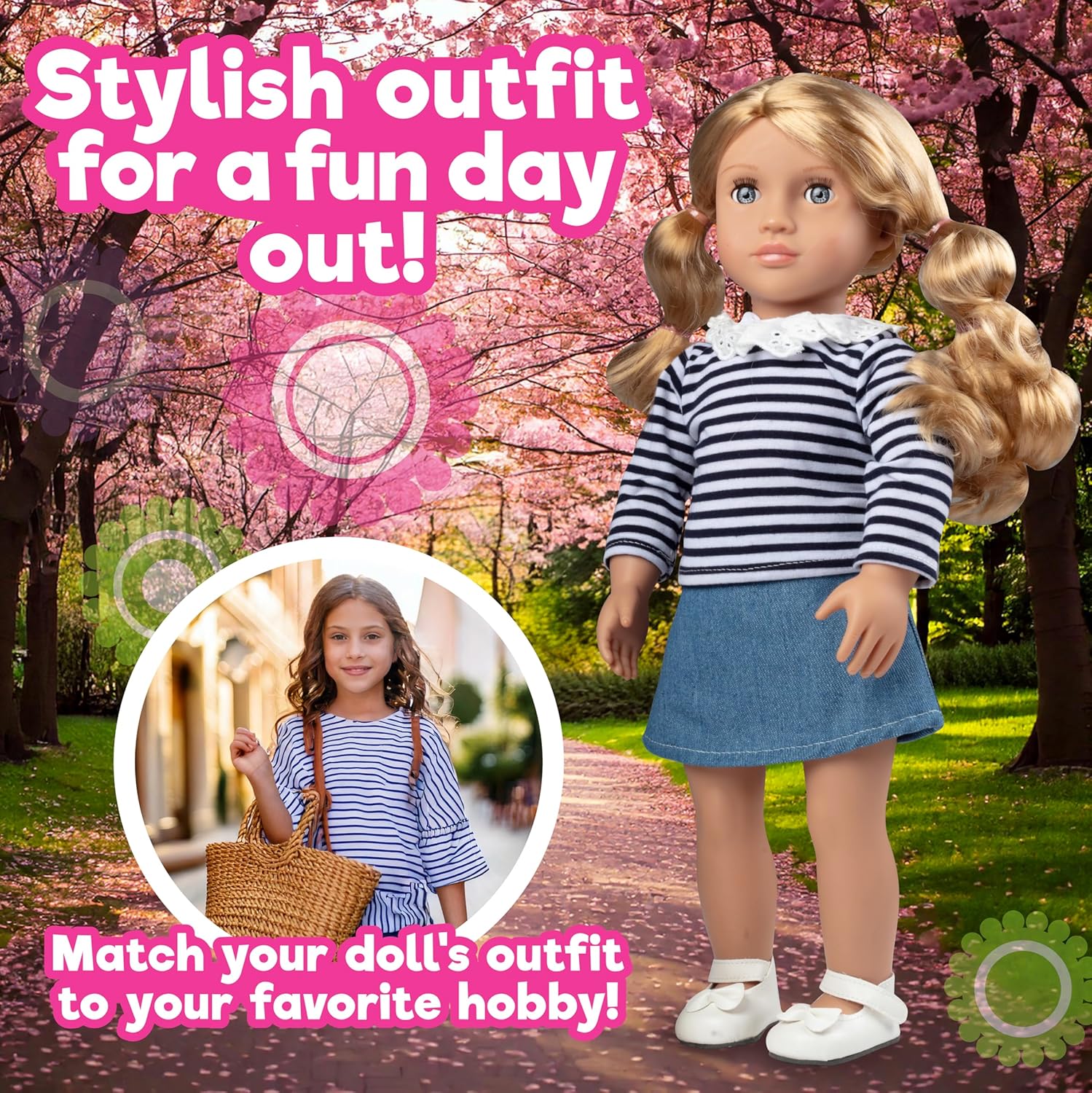 Dress Along Dolly Casual Spring Preppy Doll Outfit for 18" Dolls - Compatible w American Girl- Premium Handmade Clothes -4 Pc Set Includes Shirt, Skirt, Shoes, & Purse for Girls