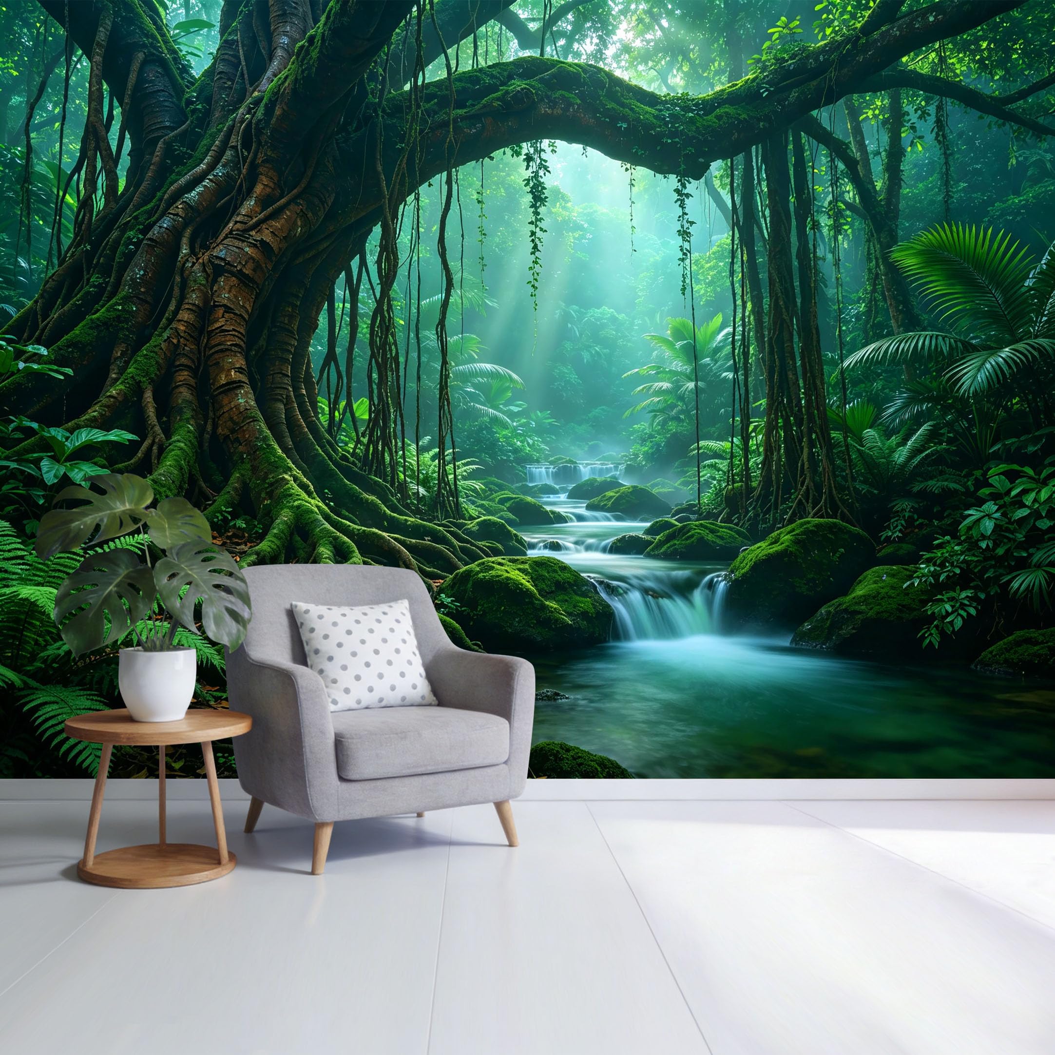 Custom Size Wall Mural Tropical Rainforest River Landscape Sunbeams Mossy Tree Removable Self Adhesive Fabric， Home Wall Decor for Living Room Bedroom Bathroom
