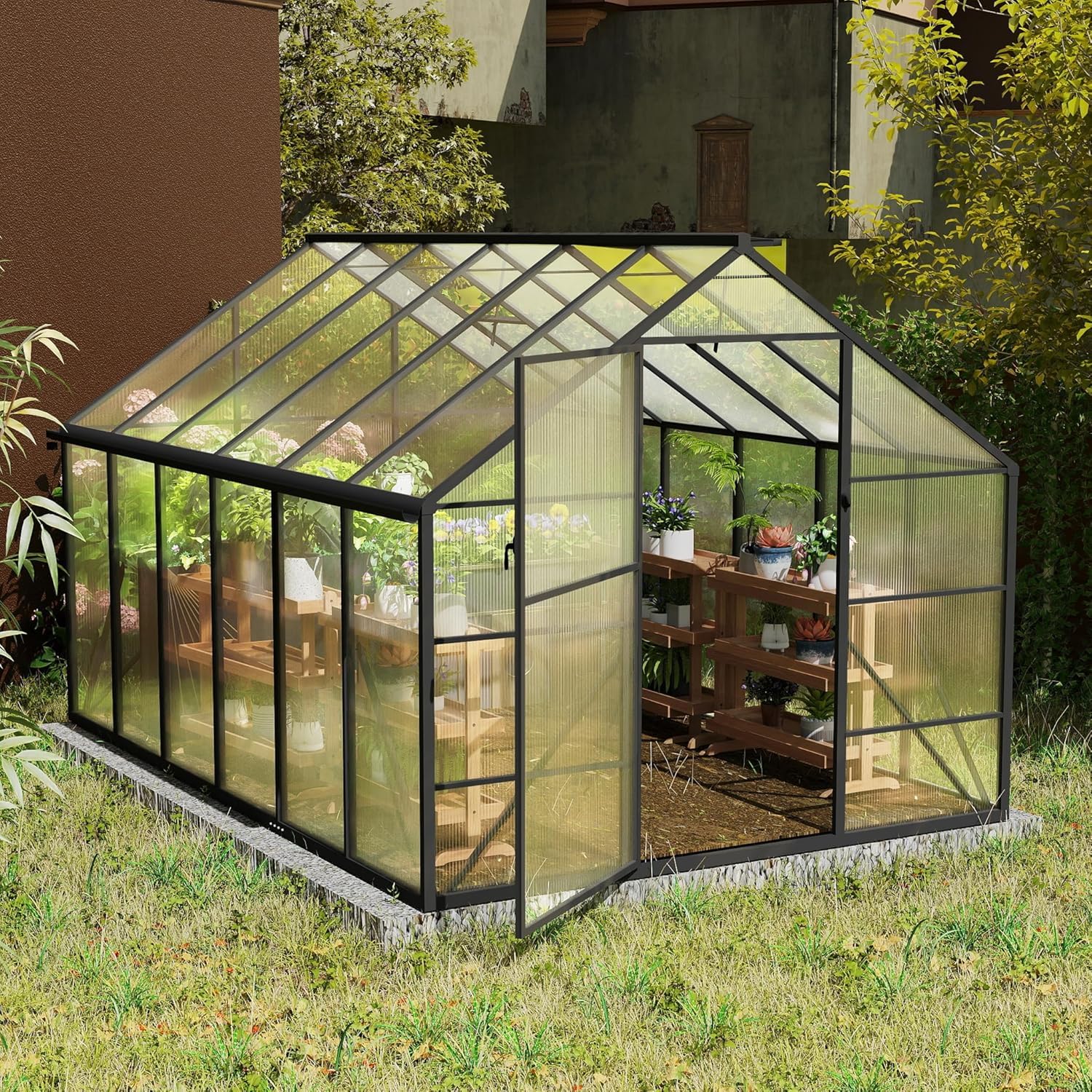 LZQ Aluminiowa szklarnia ogrodowa z fundamentem 380 x 250 x 205 cm, szklarnia, szklarnia z drzwiami przesuwnymi i świetlikami, szklarnia, szopa ogrodowa, odporna na zimę, szklarnia pomidorów (12 x 8