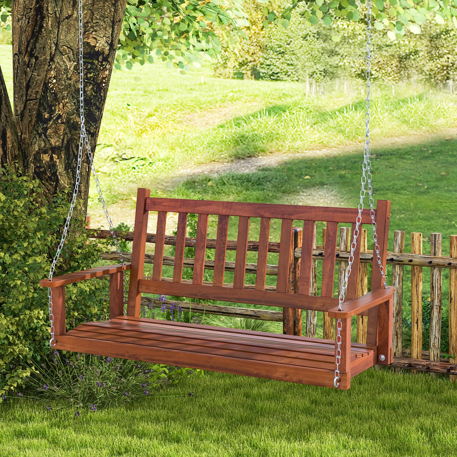 GOPLUS Balançelle Jardin 2/3 Places Extérieur Chaise Hamac Suspension Bois 230/360KG 136x67x63CM Marron