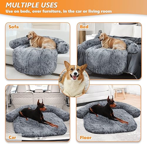 Miniatura 4 de Auvce Fluffy Calming XL - Cama para perro de lujo, antiansiedad, de felpa, protector de muebles con almohada extraíble y funda lavable, 45 x 37 x