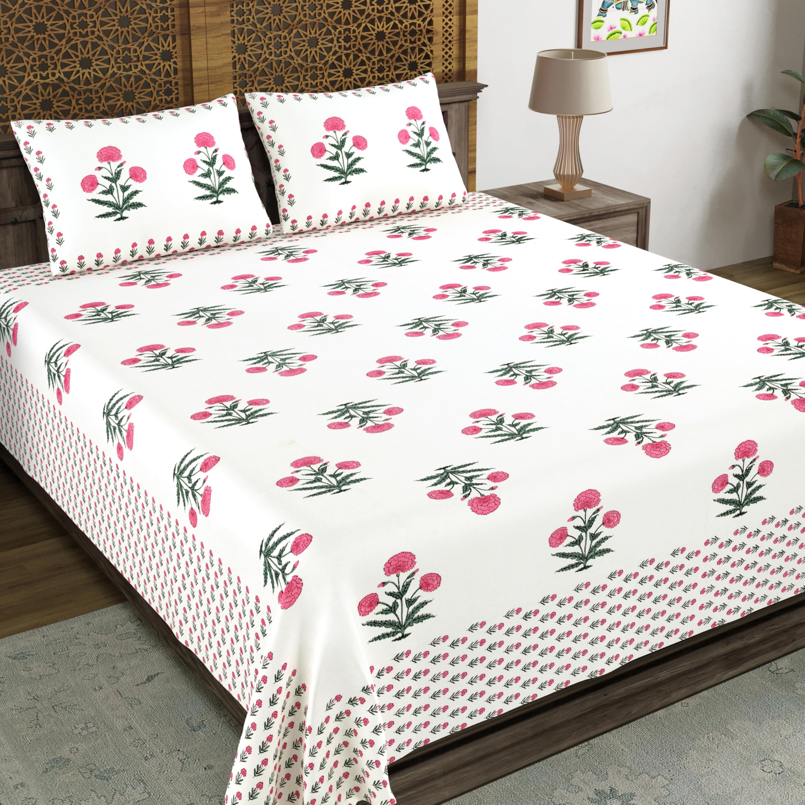 BLOCKS OF INDIA King Size Cotton Bedsheet, Hand Block Print Motifs (Pattern 47)-picture-20