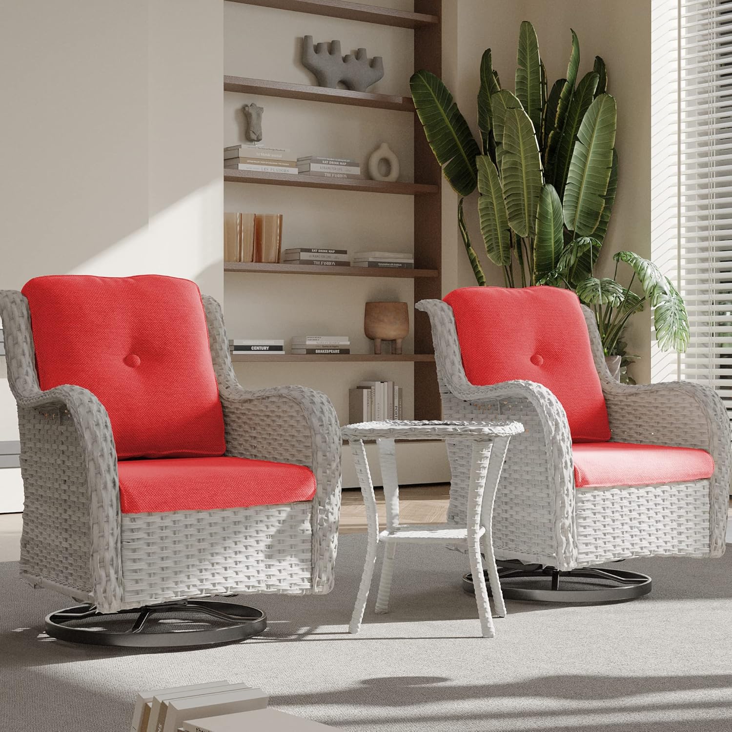 Joyside Outdoor Swivel Rocker Patio Chairs Set of 2 and Matching Side Table - 3 Piece Wicker Patio Bistro Set with Premium & Soft Fabric Cushions(Light Grey/Red)