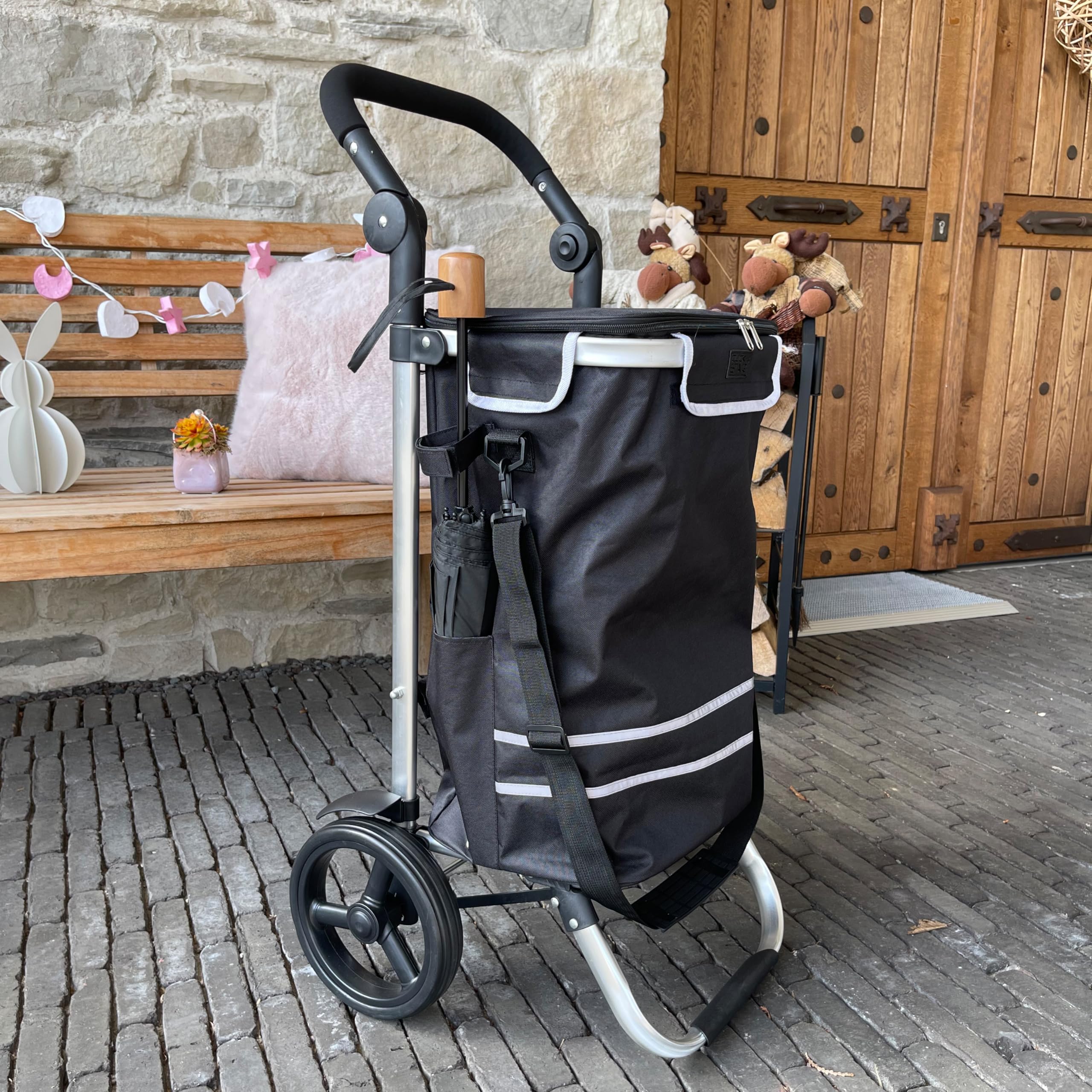 Trolley pieghevole in alluminio per la spesa, 57 l (48 l + scomparto frigo 9 l), nero, portata 30 kg, 35 x 45 x 98 cm, ruote Eva scorrevoli Ø 20,5 cm, pieghevole, utilizzabile come carrello e borsa a