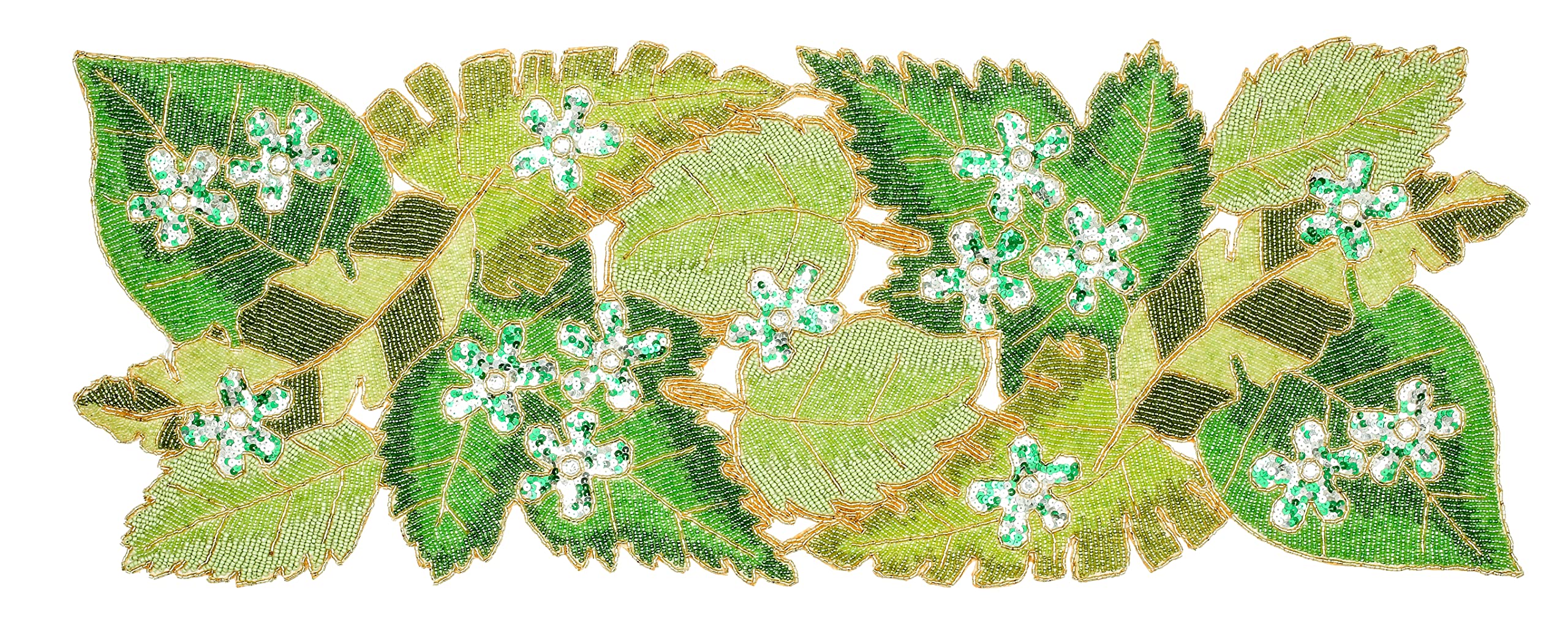 Green Leaves Beaded Table Runner 36 Inches Long - Beautiful Fancy Elegant Decorative Glitz Runner Perfect for Dining Table Décor, Easter, Farmhouse, Wedding, Living Room, Party - 13x36 Inch