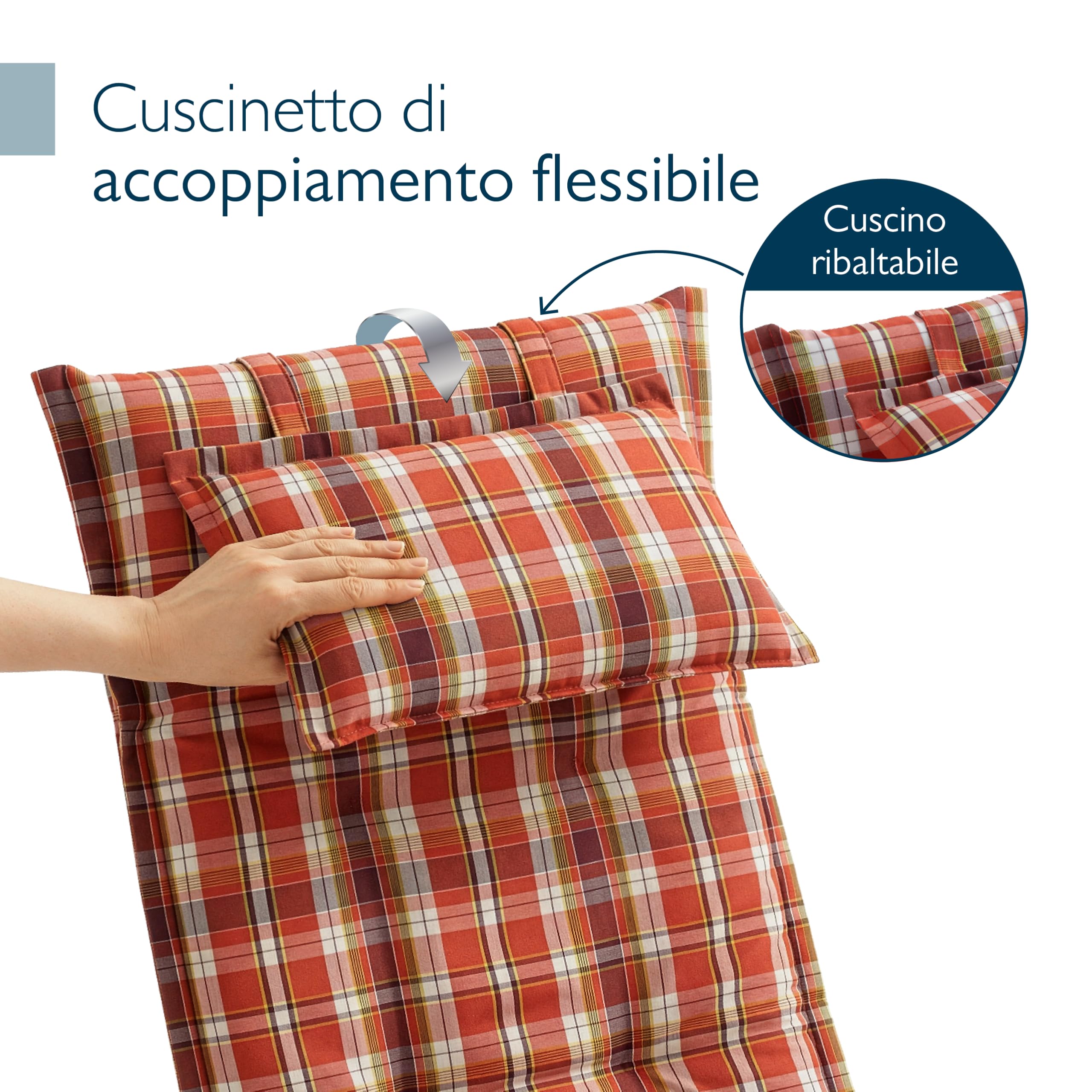 Beautissu Premium 6 Cuscini per Sedie Sdraio da Giardino 120x50cm HighLux HL – Tessuto robusto 200 g/m² – Cuscini per Sedie da Esterno Spessi 7 cm Arancione-Rosso-Verde a quadri Made in EU