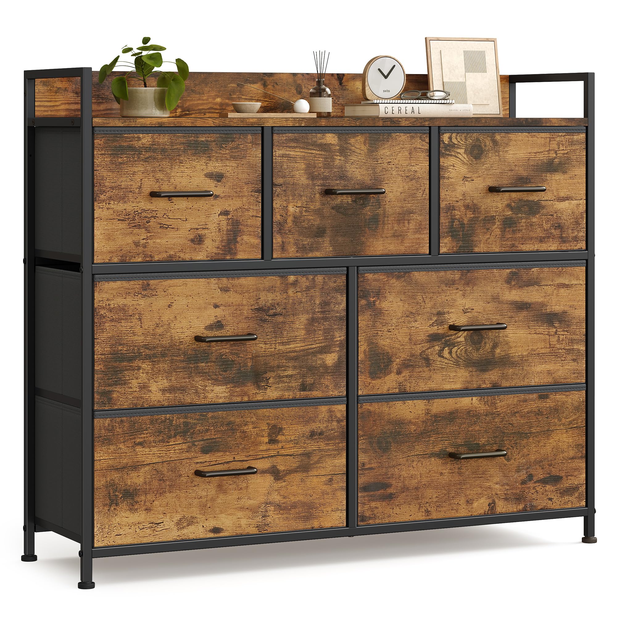 SONGMICS BELLAH Kollektion - Kommode, Schrank, 7 Stoffschubladen mit Griffen, Metallgestell, Industrie-Design, vintagebraun-tintenschwarz LTS137BH01