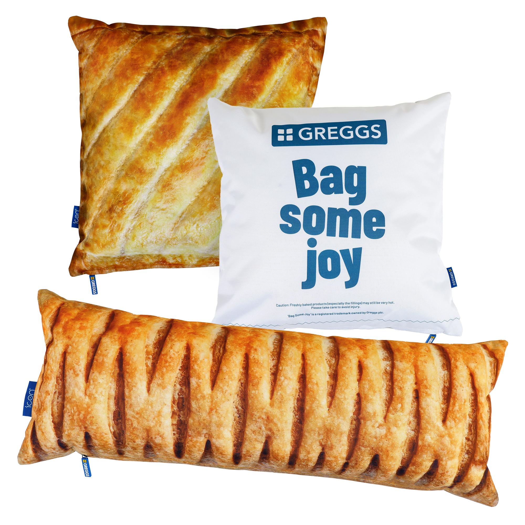 icon Greggs Cushion Set, 43cm x 43cm, 78cm x 30cm, Water Resistant, Indoor Outdoor Cushions Filled, Novelty Gifts, Uni Room Essentials โ image 1