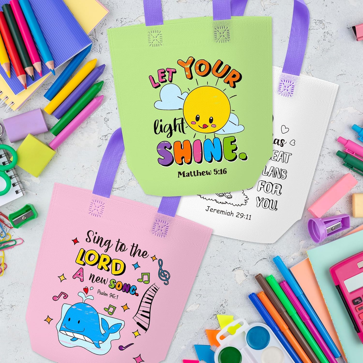 Cartoon Coloring Goodie Bags for Kids - 24Pcs Religious Theme Bulk Color Your Own Gift Bags with Handle Christian Bible Reusable Non Woven Coloring Tote Packet for DIY Crafts Painting Party Favors - Image 4
