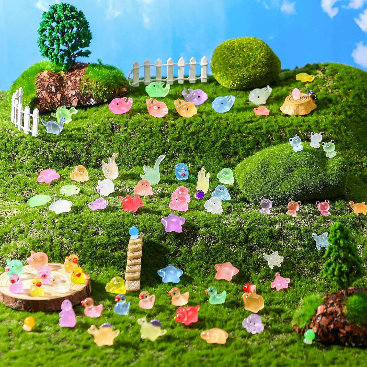 Barydat 400 Pcs Luminous Mini Resin Animals Bulk for Pranks Hide Glow in The Dark Ducks Mushroom Starfish Dinosaur Turtle Sea Animal Tiny Figurines for DIY Garden Micro Landscape Aquarium Decoration