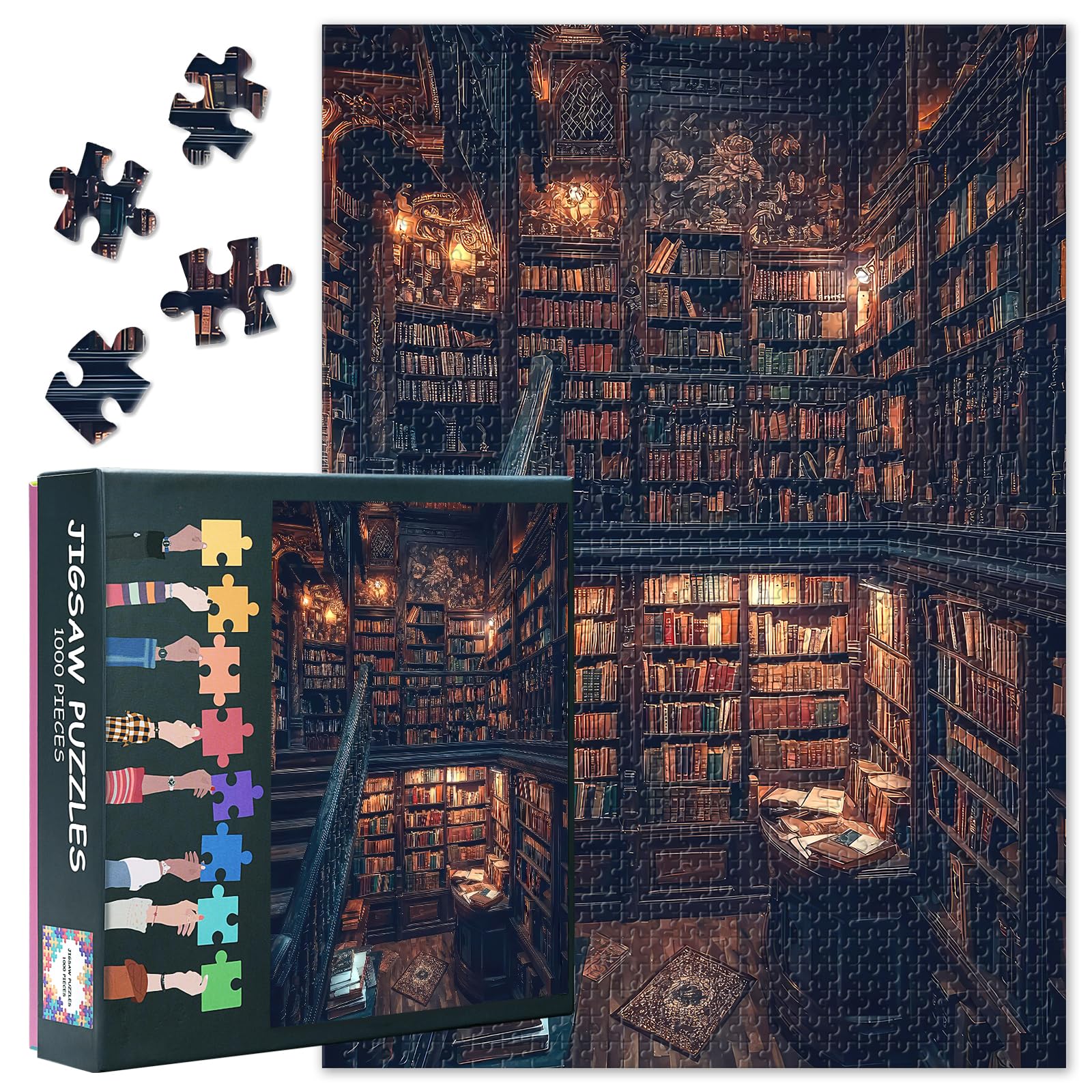 1000 Pieces Puzzles for Adults Enchanting Vintage Library with Wooden Shelves and Warm Lighting Jigsaw Puzzles Minimalist Puzzle Games for Adults 50x70cm