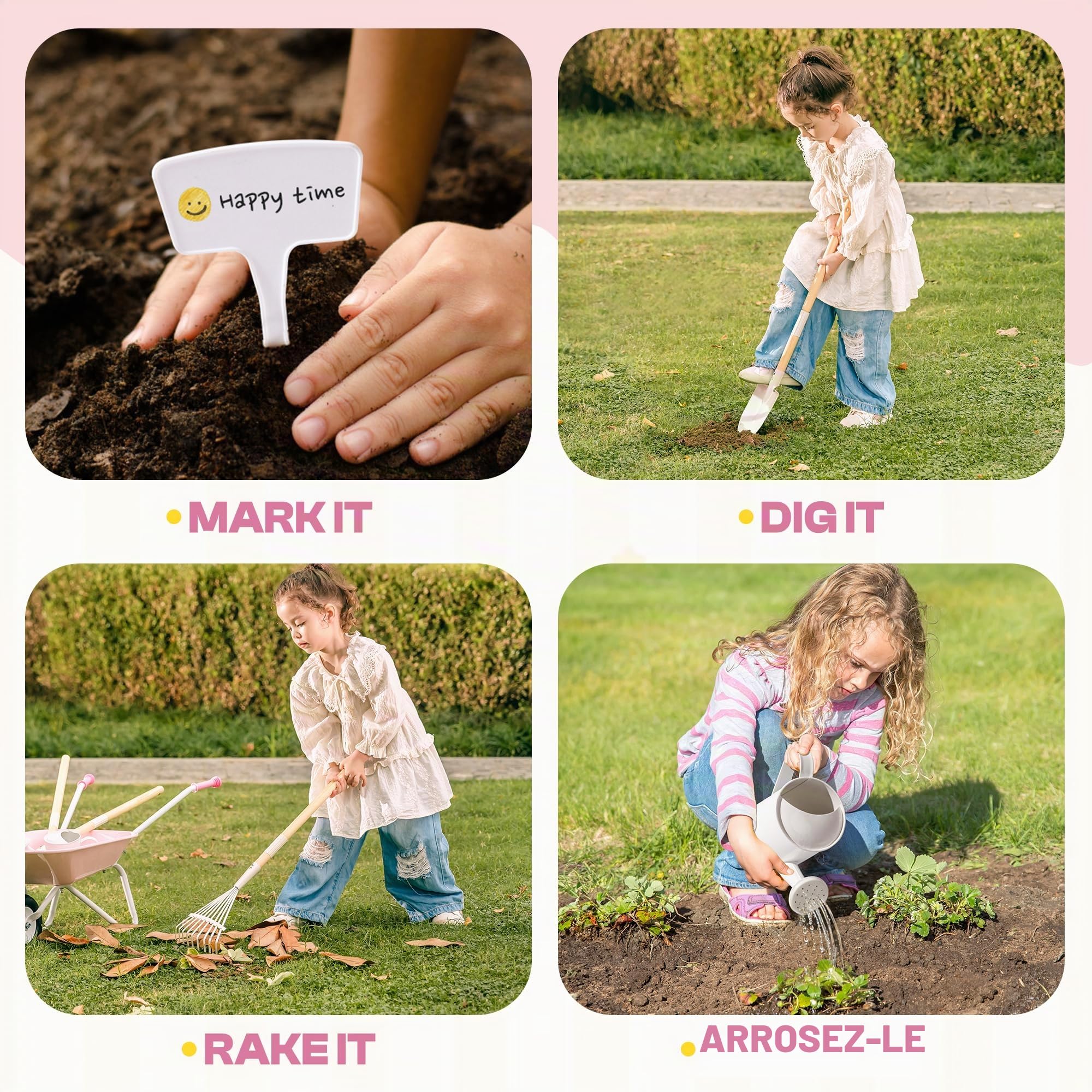 ROBOTIME Ensemble d'outils de jardin pour enfants en métal & outils de plantation, set de jardin grand format 5 pièces vert olive avec manche en bois de pin réglable, arrosoir, râteau, pelle, pour