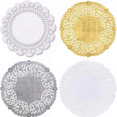 The Baker Celebrations - Juego de manteles de encaje redondos de papel de 12.0in, color blanco, plateado y dorado, 60 unidades - 15 unidades