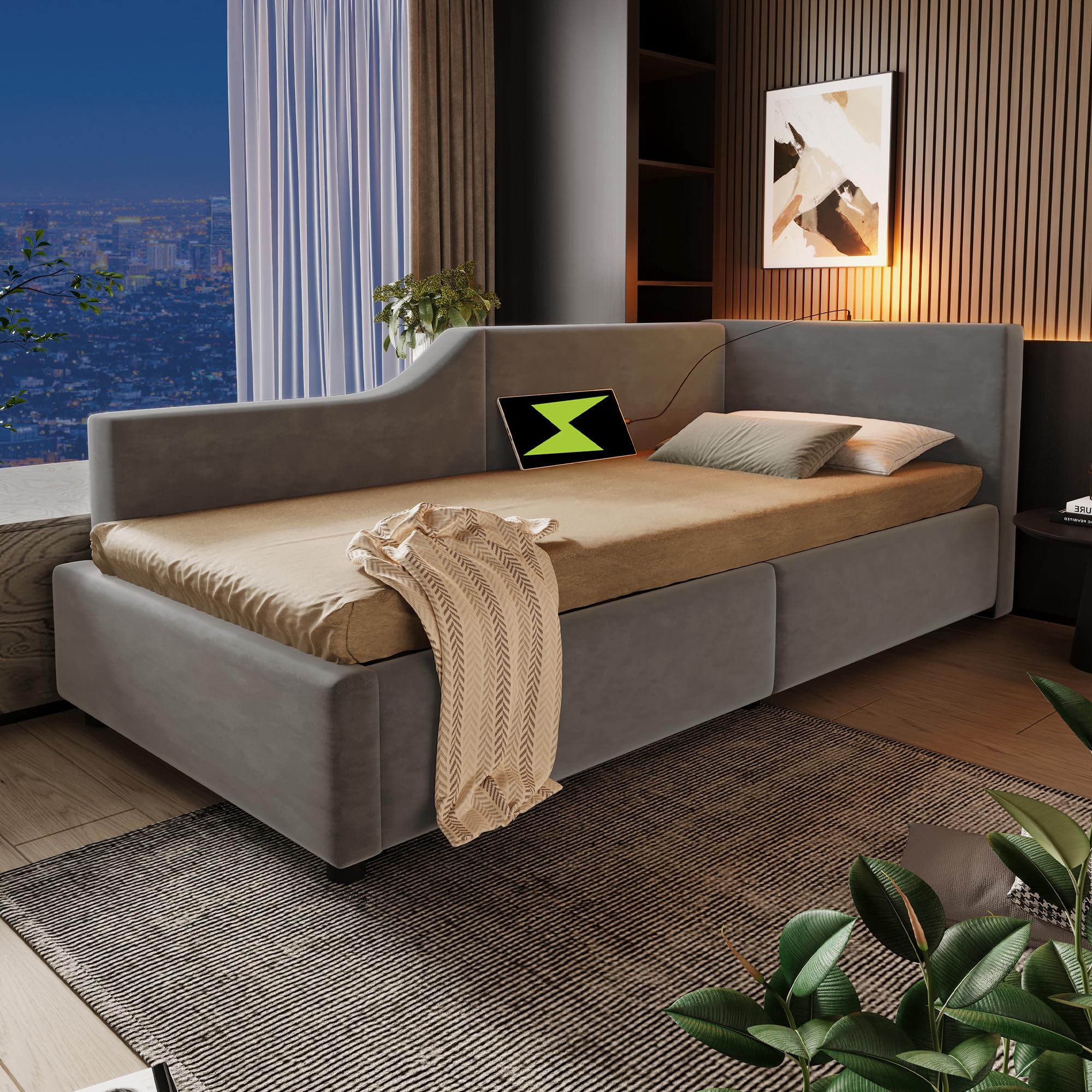 Letto Singolo con Contenitore 90x190 cm con luce di lettura e USB Type C,divano letto con spazio idraulico, Letto imbottito con Testiera, Letto con rete a doghe, Struttura Letto Singolo