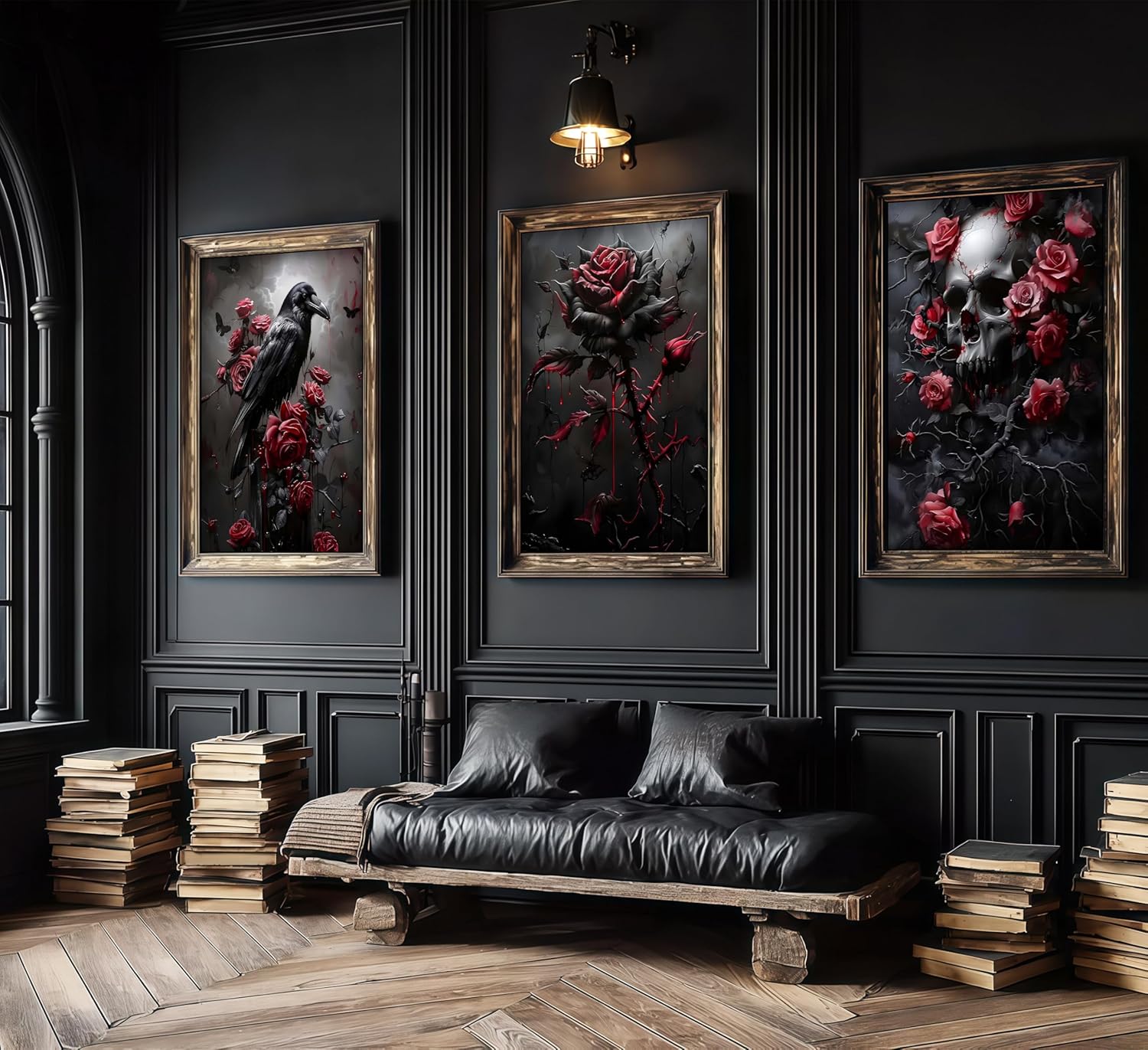 3Pcs Gothic Poster Wall Art Dark Academia Halloween Vintage Painting Picture Wall Decor Horror Atmosphere Black Red Rose Flower Crow Skull Canvas Print Artwork for Living Room Bathroom Home Decoration