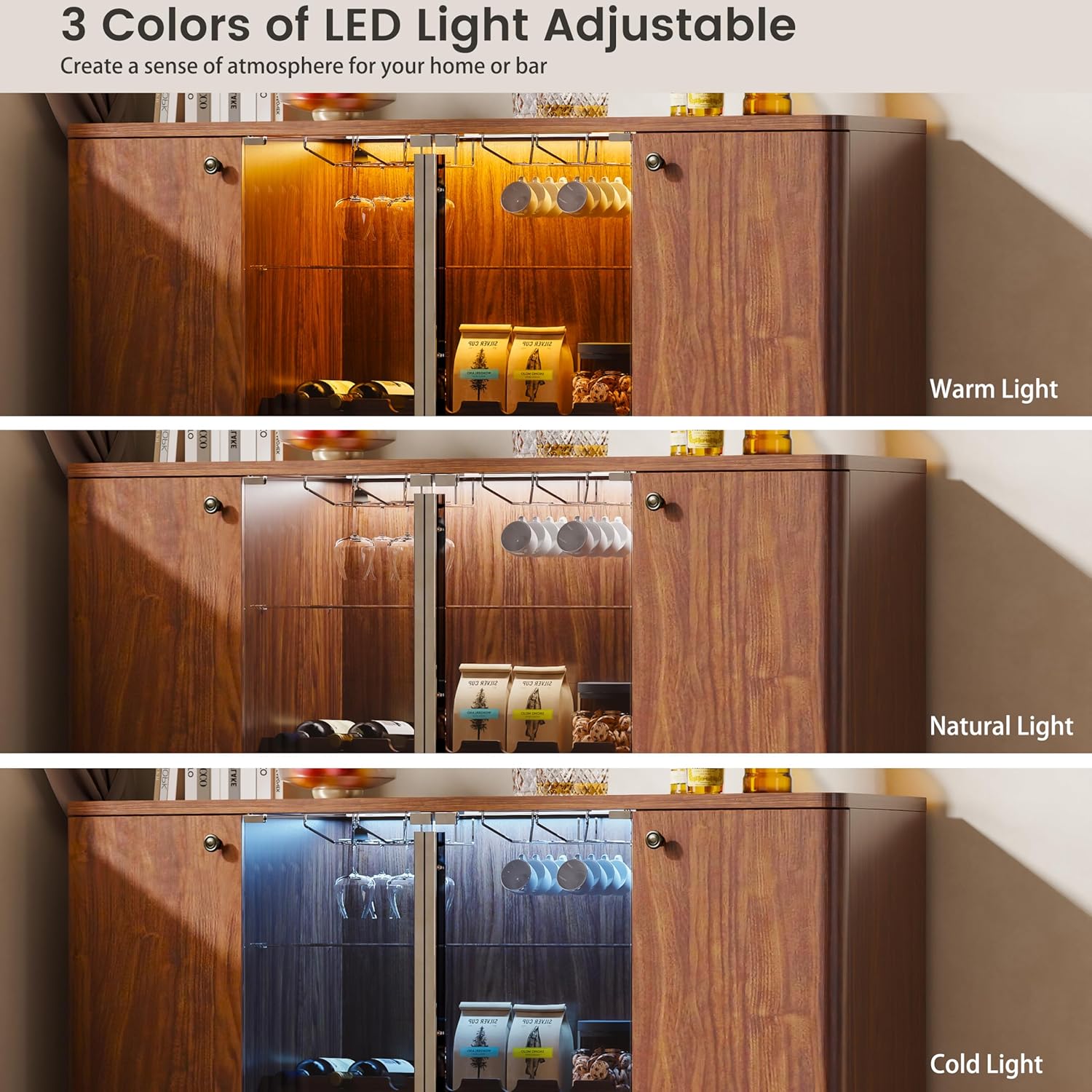 Coffee Bar Cabinet with LED Light & Glass Doors, 60" Wine Liquor Cabinet with Wine Rack & Glass Holder & Adjustable Shelves, Coffee Station Sideboard Buffet Cabinet for Living Room Kitchen