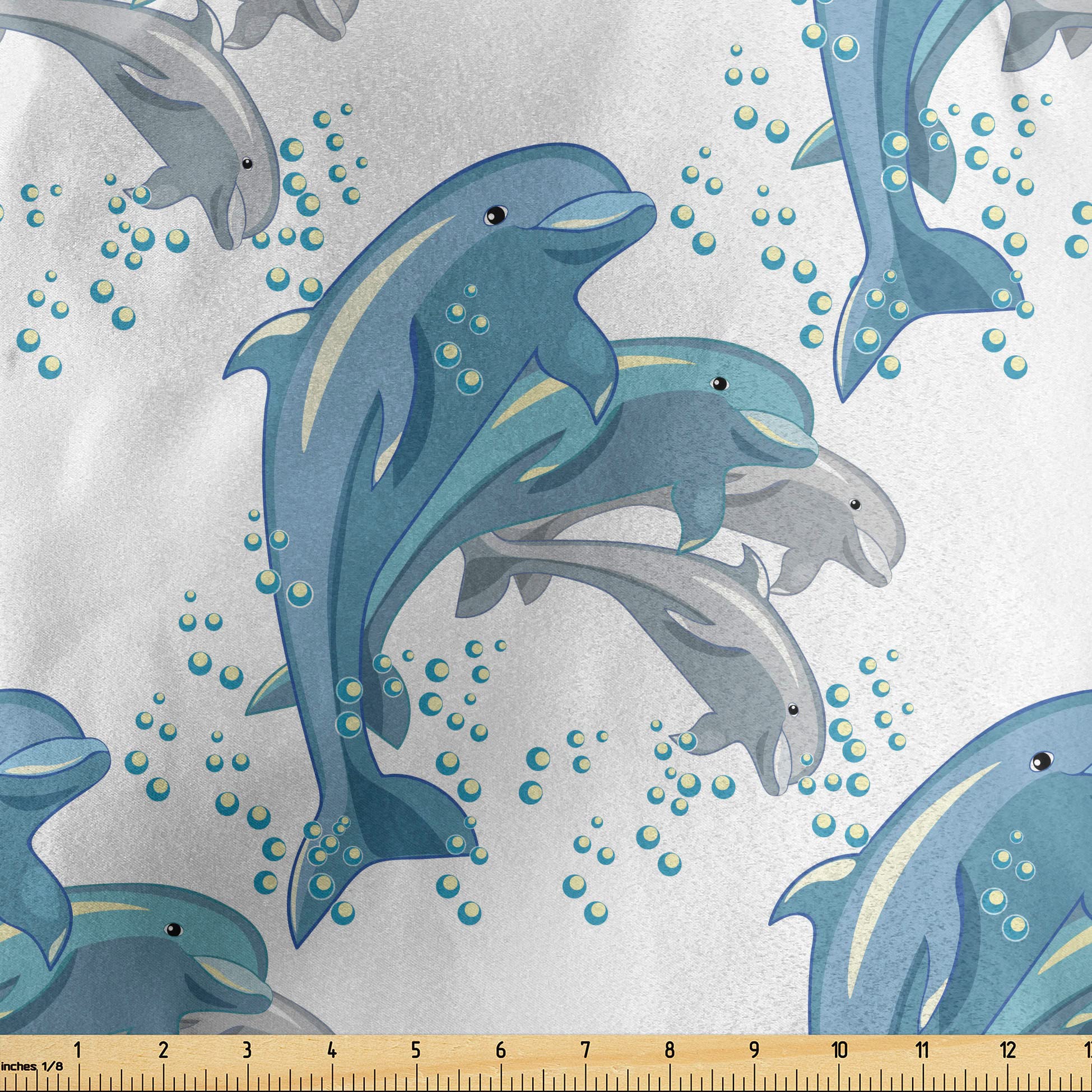 Lunarable Dolphin Fabric by The Yard, Happy Dolphins Jumping and Swimming in Deep Water Grey and Blue Mammals, Decorative Satin Fabric for Home Textiles and Crafts, 1 Yards, Slate Blue