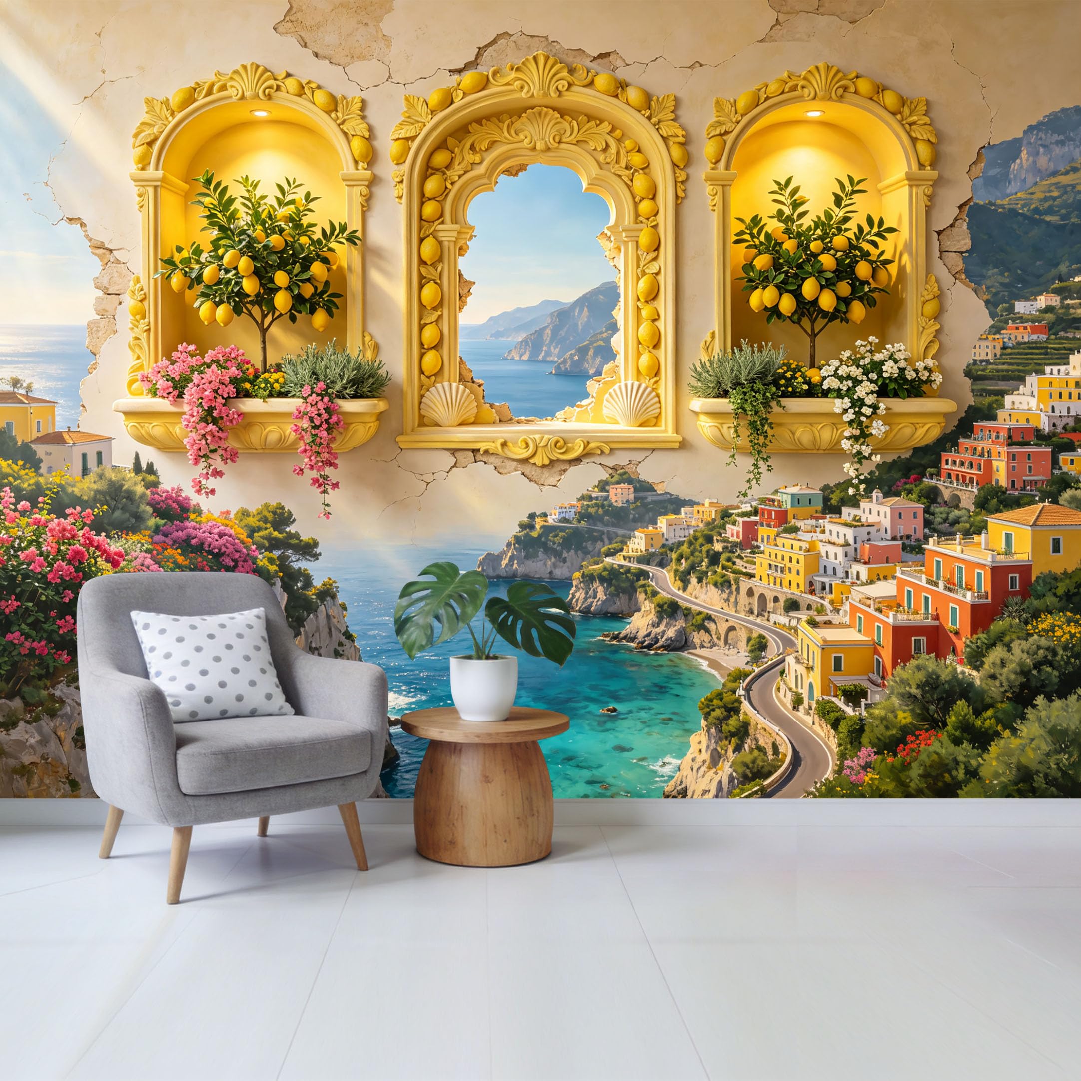 Custom Size Wall Mural Mediterranean Coastal Lemon Trees Ocean View Landscape 3D Trompe l’oeil Style Removable Self Adhesive Fabric Home Wall Decor for Living Room Bedroom Bathroom