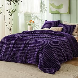 Bedsure Fluffy Comforter Set King Size - Super Soft Faux Fur Bed Set Purple, Warm Plush Fleece Winter Bedding, 3 Pieces, 1 Shaggy Fuzzy All Seasons King Comforter with 2 Pillowcases