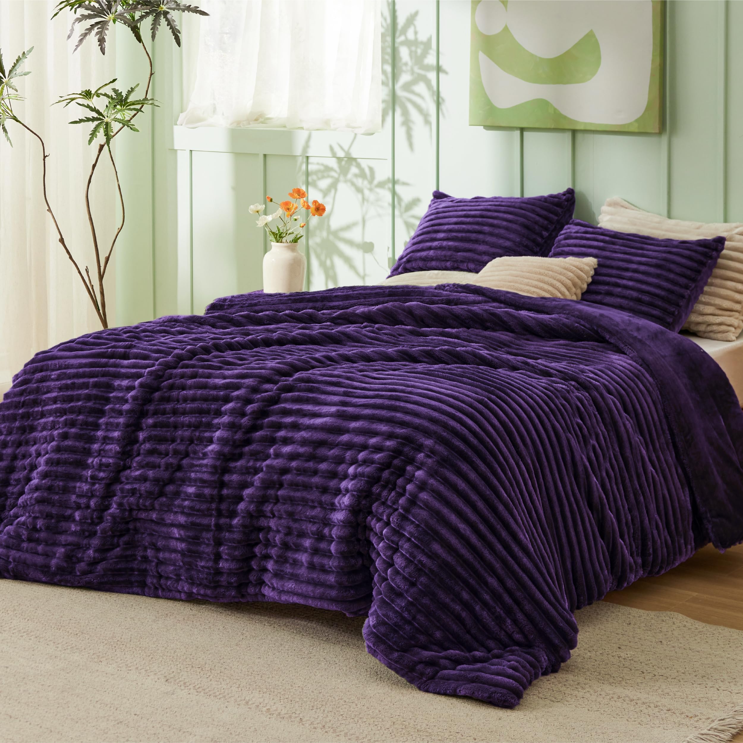 King Comforter - GentleSoft™ 3 Pieces Double-Side Fleece Fluffy Purple Comforter Set, Cozy Striped Room Decor Aesthetic, Luxury King Size Bedding with 2 Pillowcases, 104x90 Inches