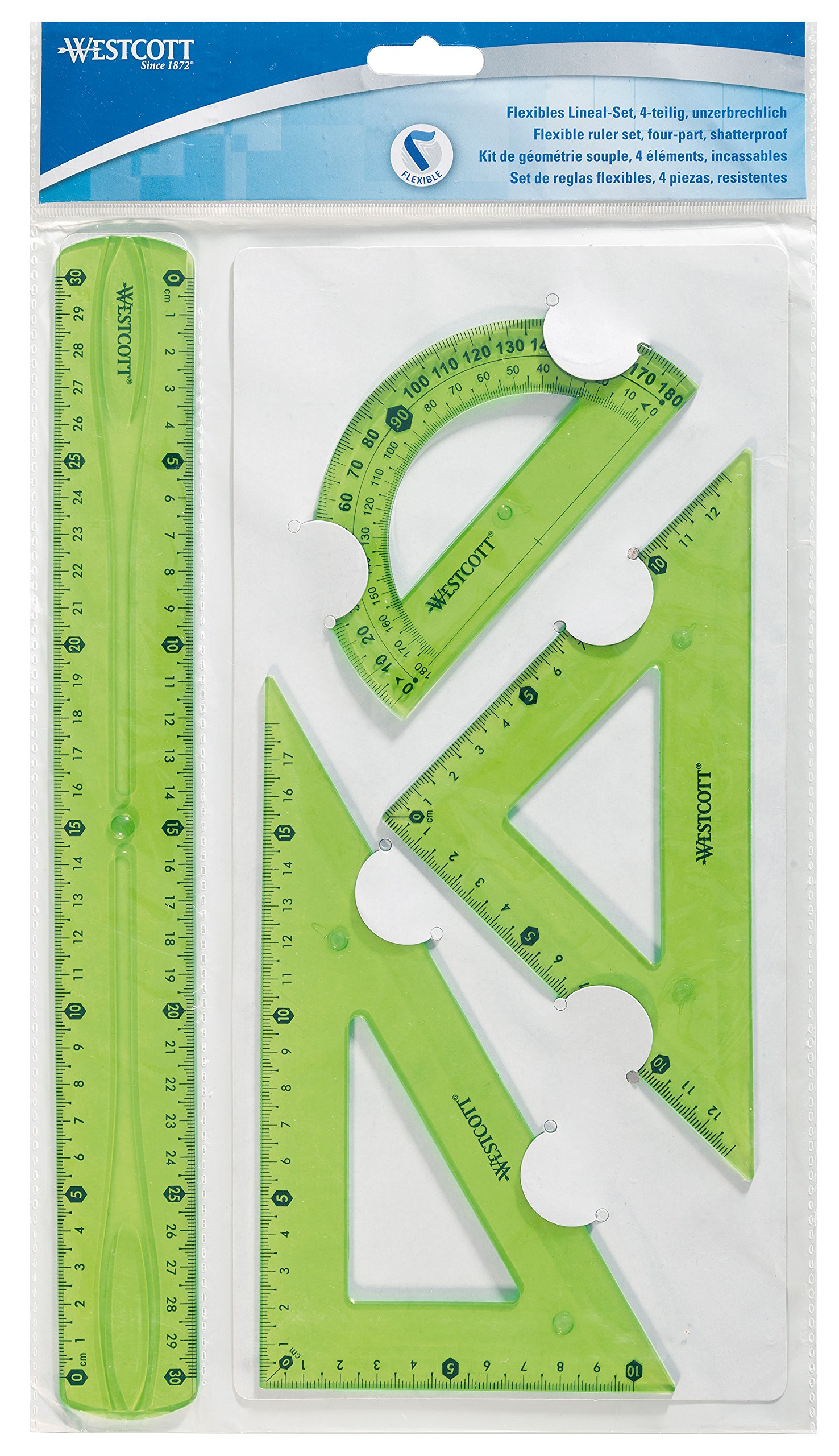 Westcott 10302 00 flexible regla Set, 4 piezas, plástico de 3 colores surtidos