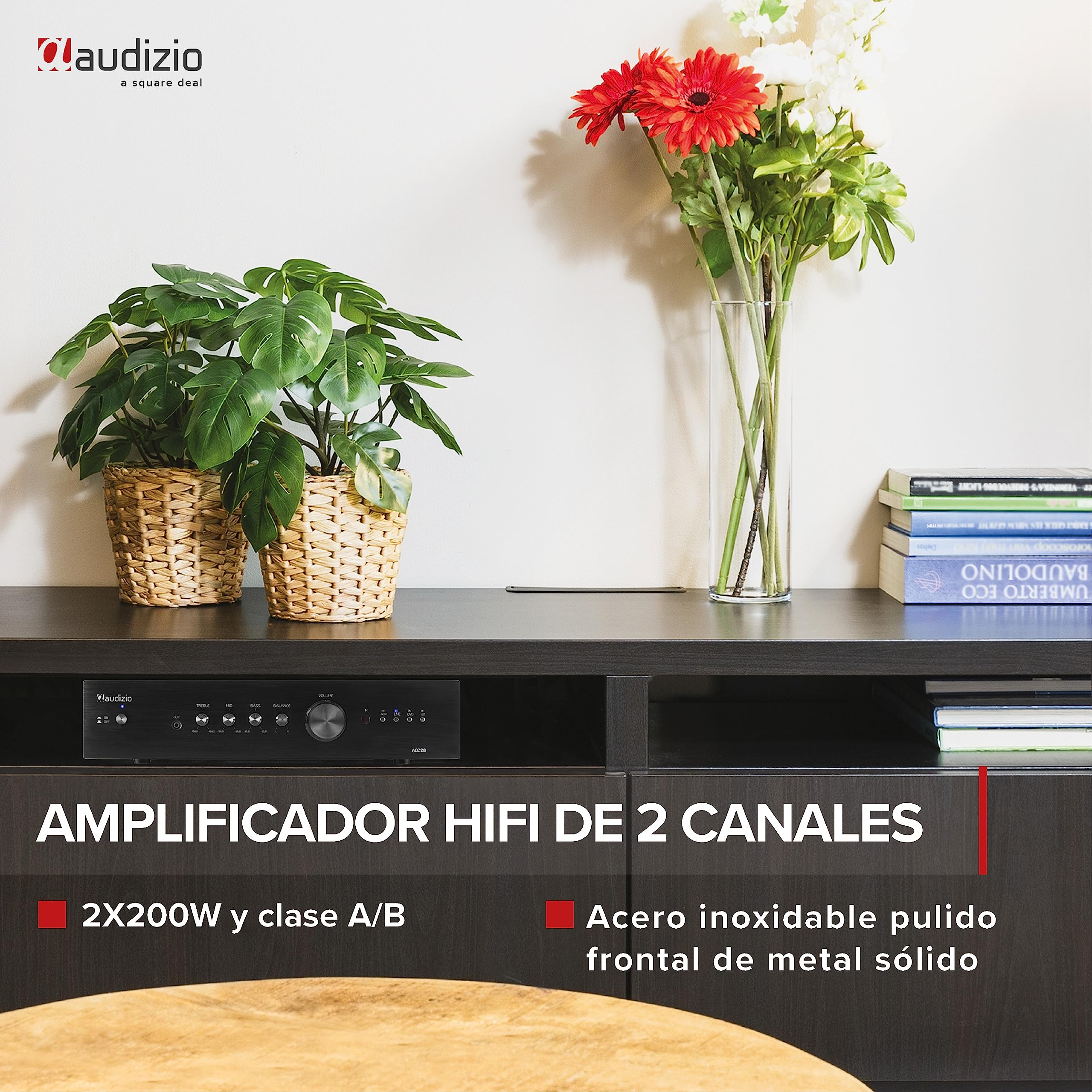 Audizio AD200B Amplificador estéreo Hi-Fi 2 x 200 vatios, Amplificador Bluetooth para Altavoces y Sistema Hi-Fi, Amplificador, Amplificador Hi-Fi, Amplificador de Audio con función Bluetooth, Negro