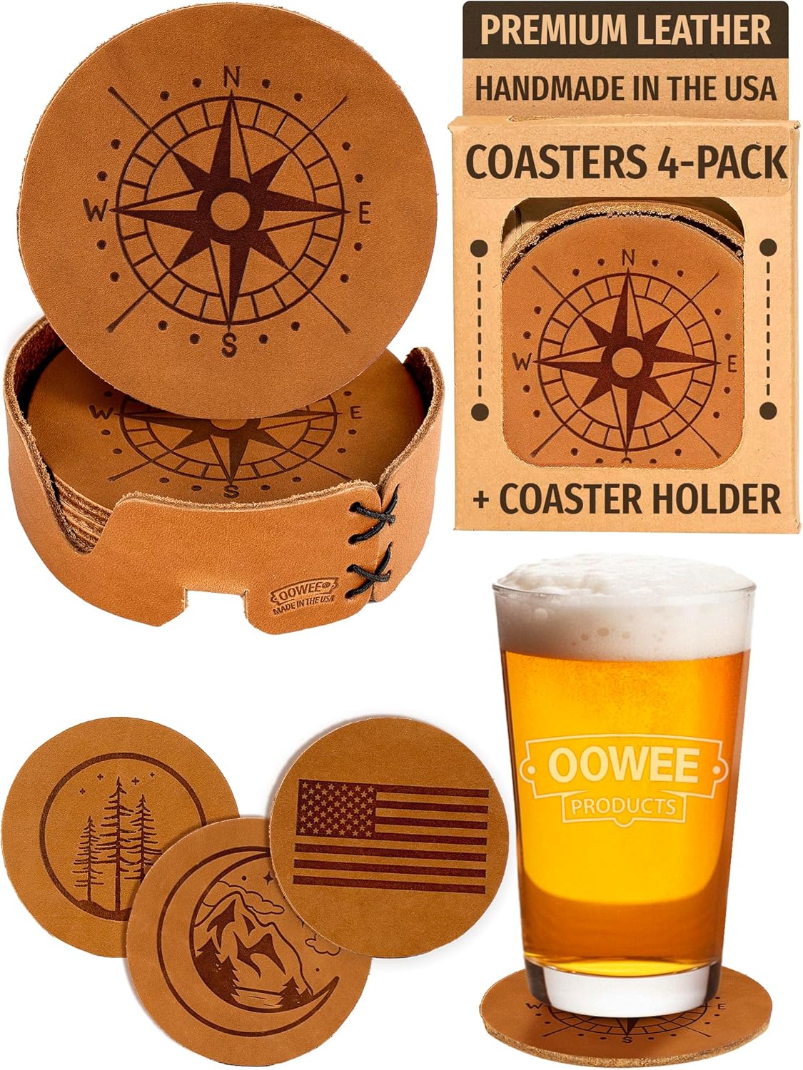 Oowee Genuine Leather Square Coasters for Drinks - Set of 4 + 1 Coaster Holder | Great Drink Coasters & Coasters for Coffee Table | Made in USA - American Flag