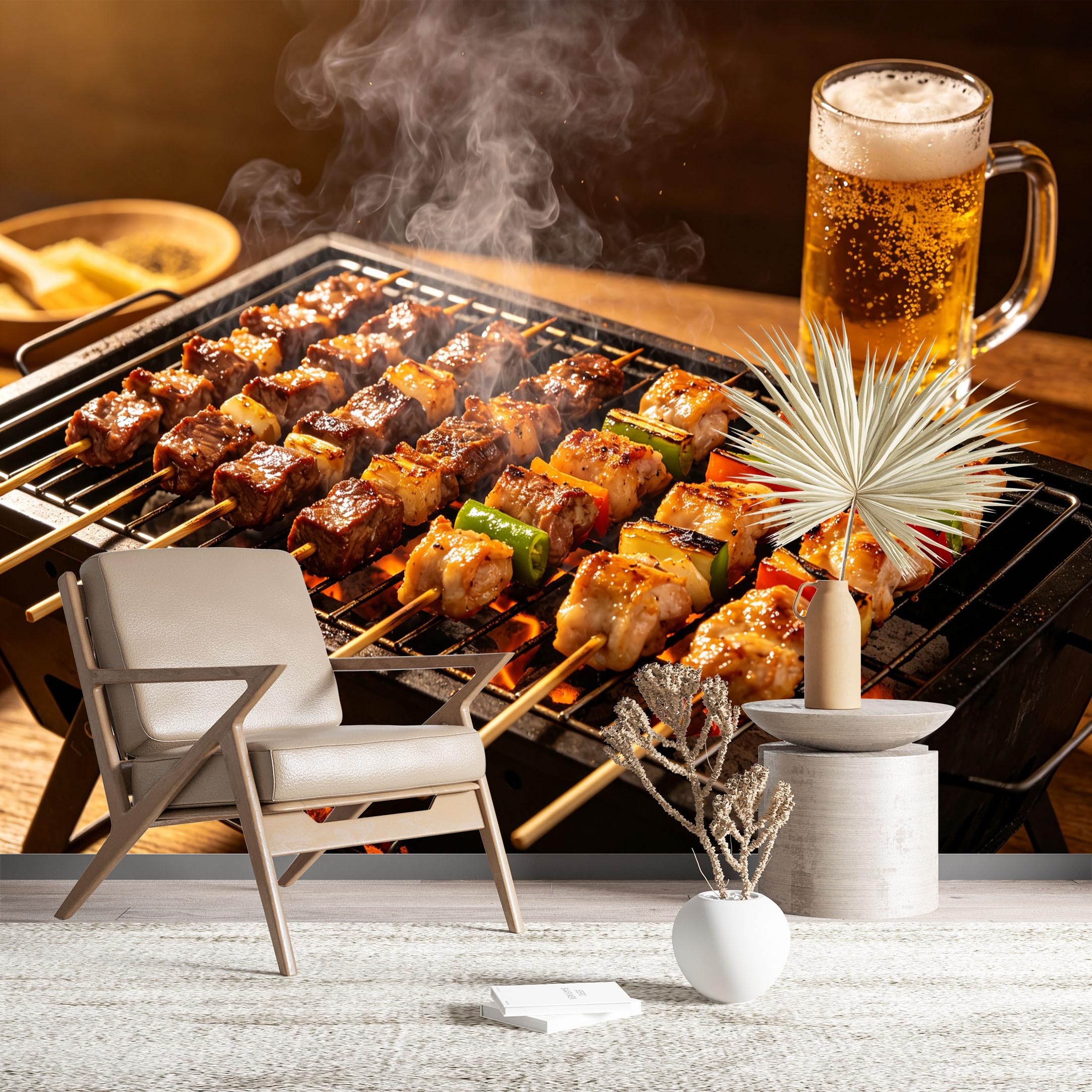 Custom Size Wall Murals BBQ Skewers with Beer Wall Murals Food Wallpaper Vivid Self-Adhesive Removable Wallpaper for Kitchen Dining Room