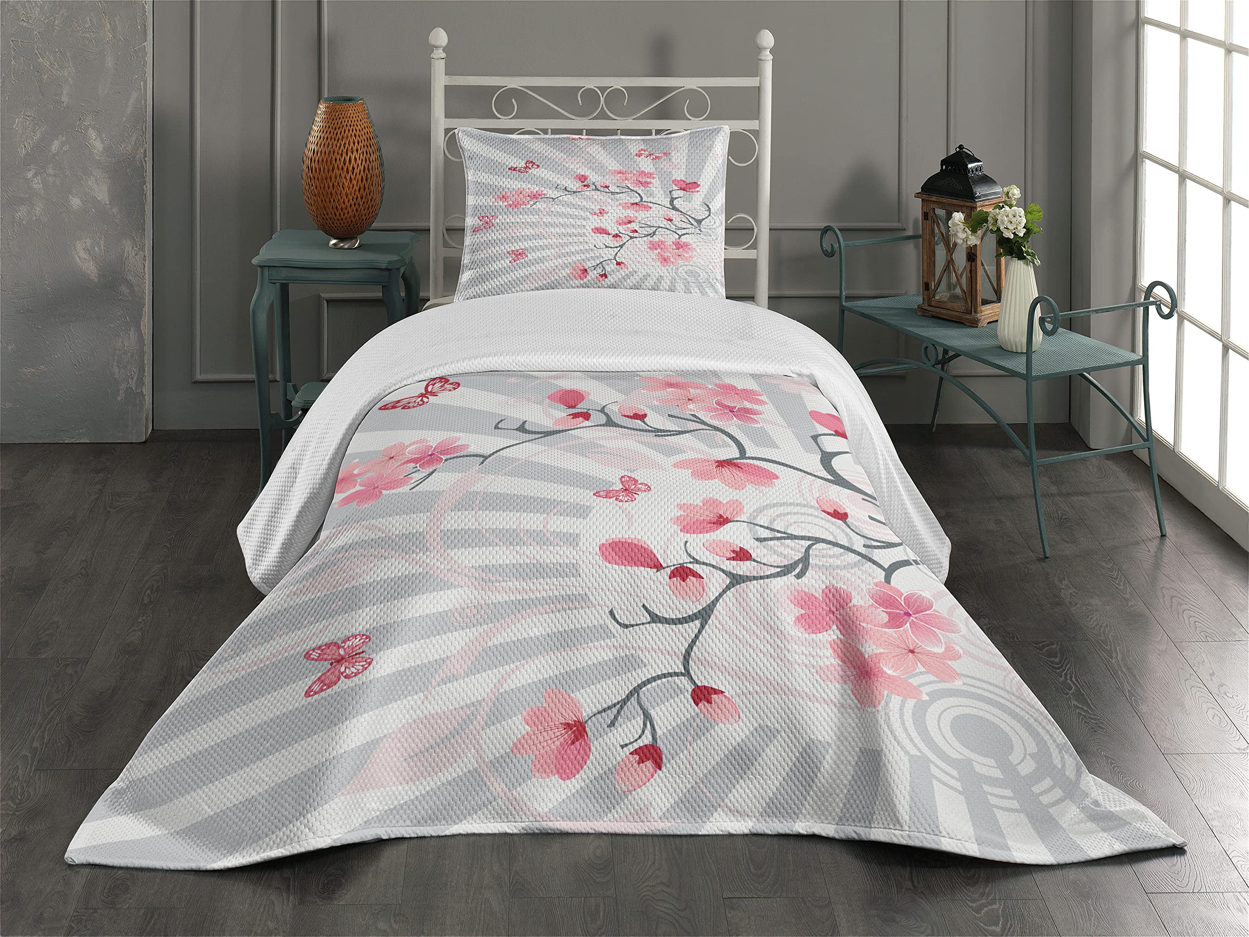 Ambesonne Nature Coverlet, Cherry Blooming Butterflies on Stripes Sun Rays Curvy Lines Ornamental Artwork, 2 Piece Decorative Quilted Bedspread Set with 1 Pillow Sham, Twin Size, Pale Grey Pink