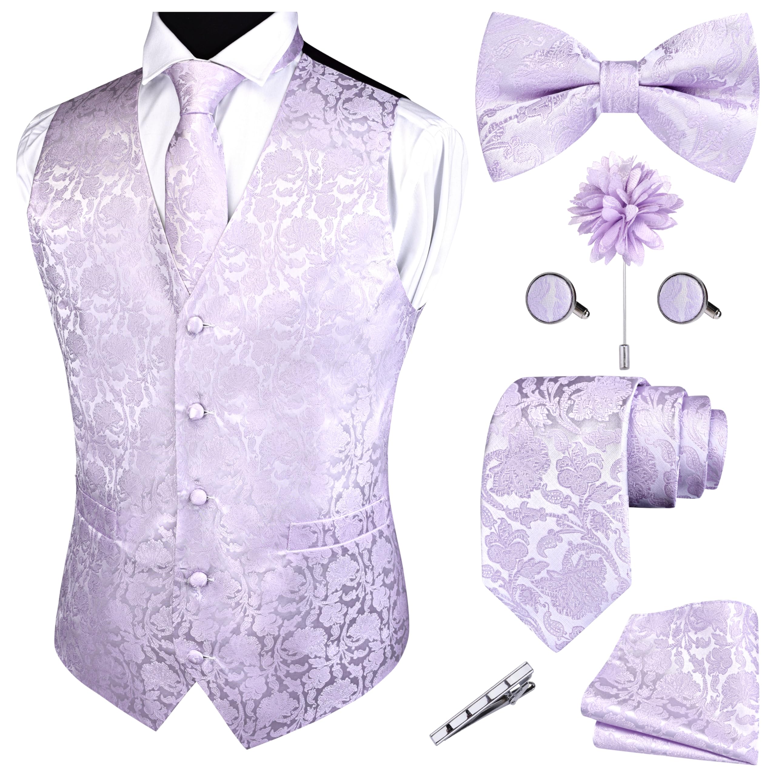 GUSLESON Formal Men Vest Paisley Floral Jacquard Tie Waistcoat Bow tie Hanky Lapel Pin Cufflinks Set Wedding 7PCS
