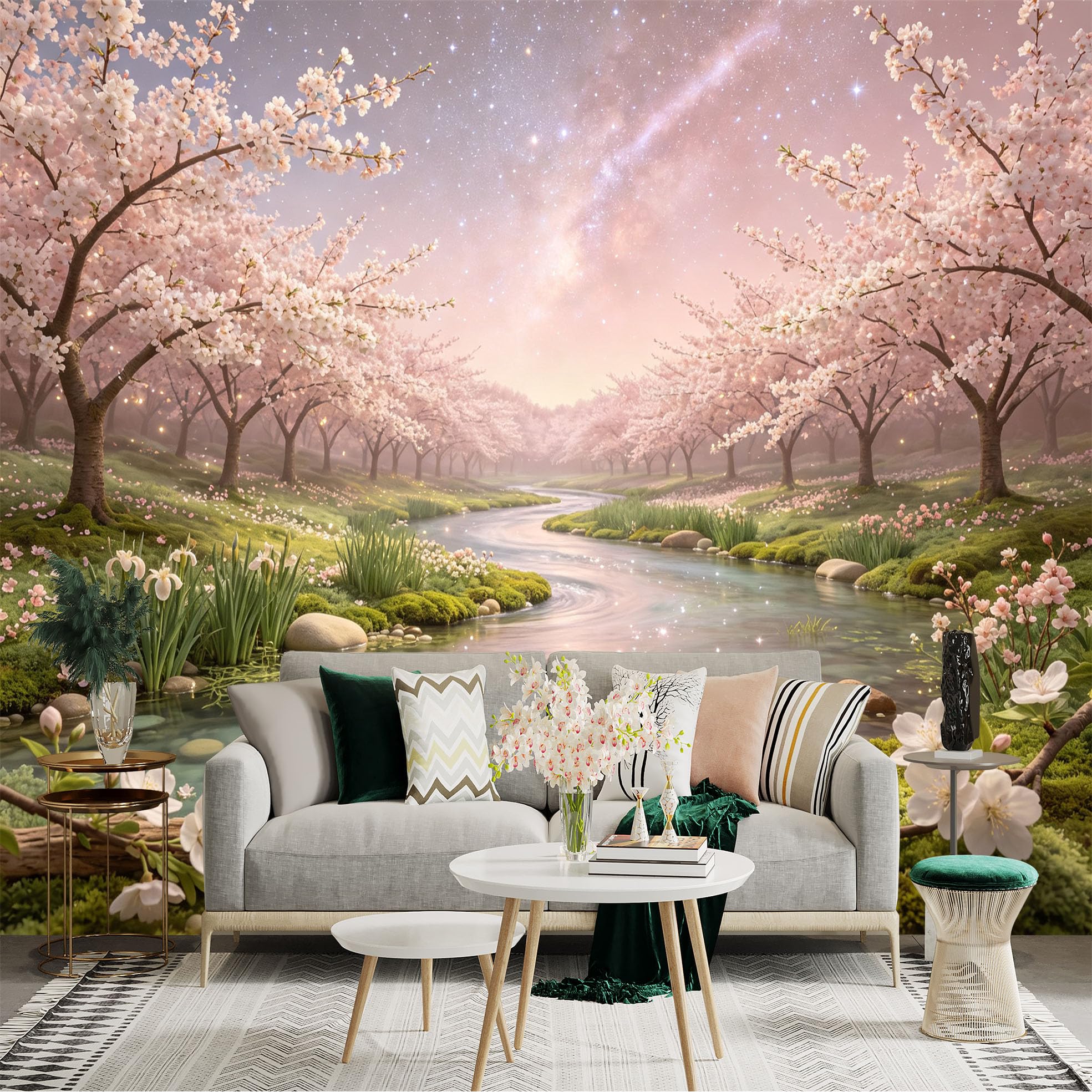 Lnzczhyre Bh260719376 Custom Size Wall Sticker Mural， Cherry Blossom Trees， Serene River Landscape， Sparkling Starry Night Sky， Pink Floral Scenery， For Wall Decoration， Peelandstick Wall Decals.