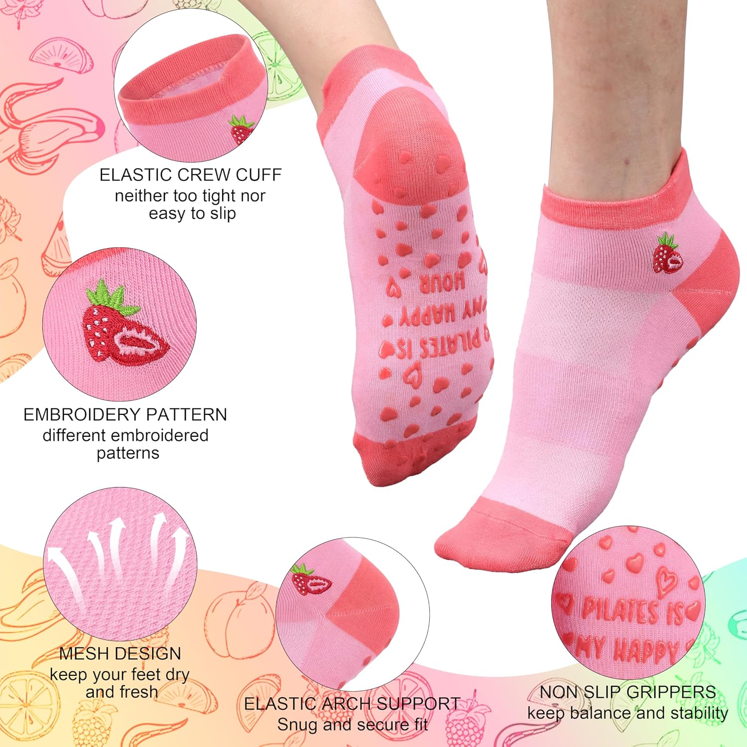 6 Pair Cute Pilates Socks with Grips for Women Friut Non Slip Cotton Socks for Yoga Barre Hospital Workout