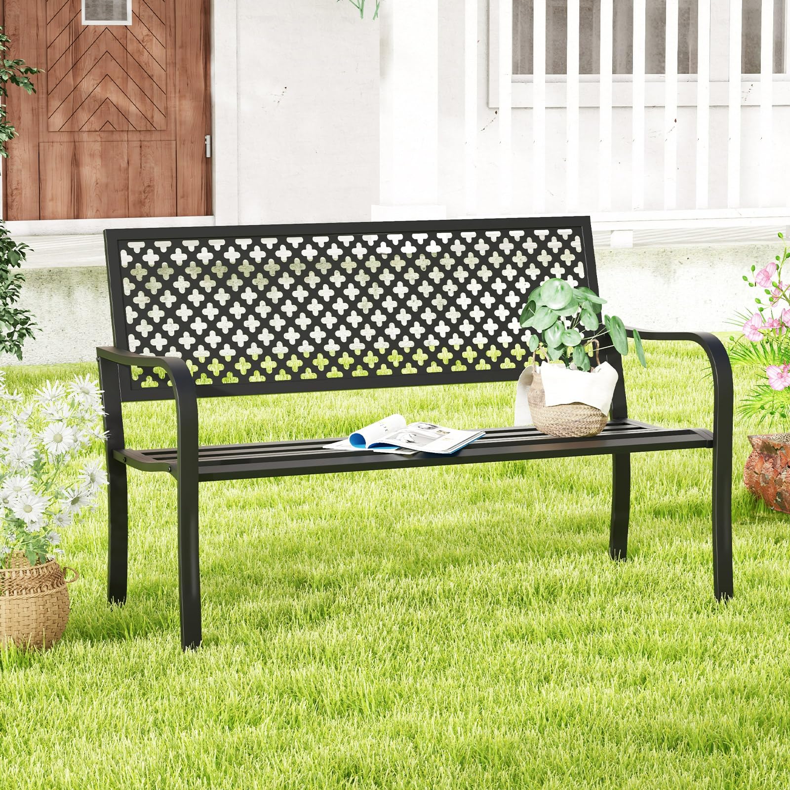 COSTWAY Gartenbank Metall, wetterfeste Sitzbank für 2-3 Sitzer, Parkbank mit Rückenlehne & Armlehne, Metallbank bis 300 kg belastbar, Eisenbank für Garten, Terrasse, Balkon, 127 x 62 x 86 cm (Schwarz)